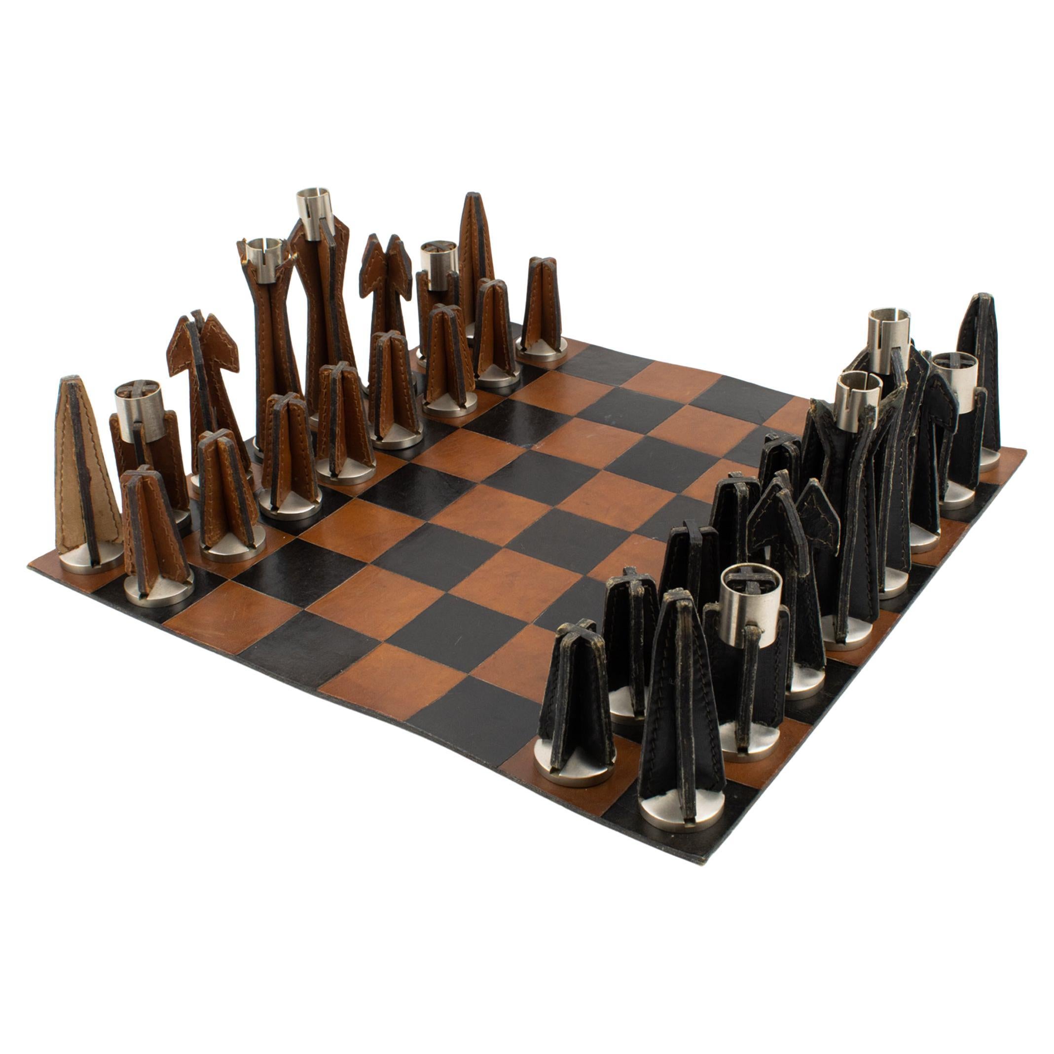 Jacques Adnet Hand-Stitched Black and Cognac Leather Chess Board and Set