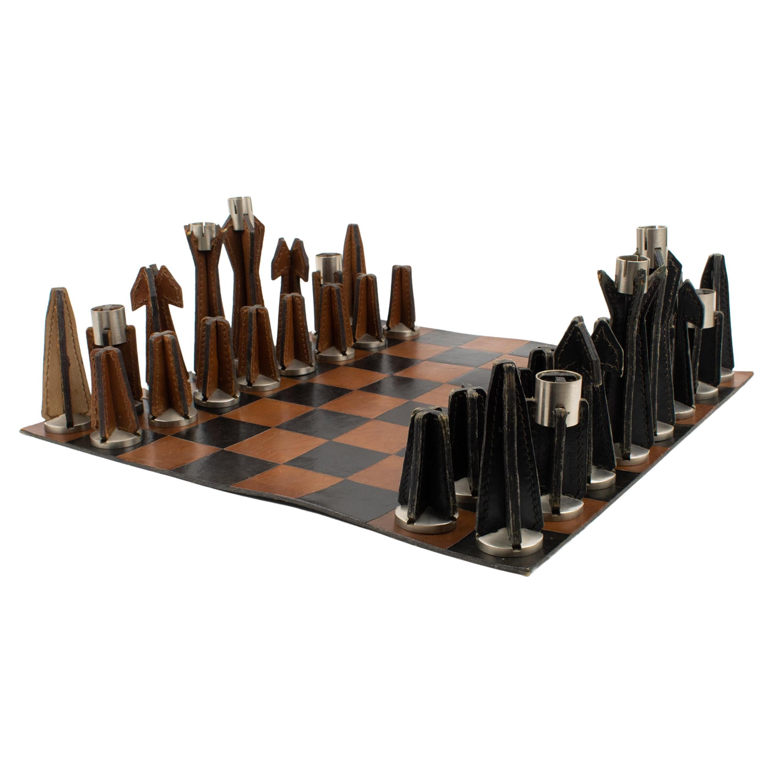 Jacques Adnet Hand-Stitched Black and Cognac Leather Chess Board and Set For Sale