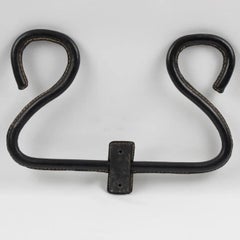 Jacques Adnet Hand-Stitched Black Leather Coat Hook Hanger Rack