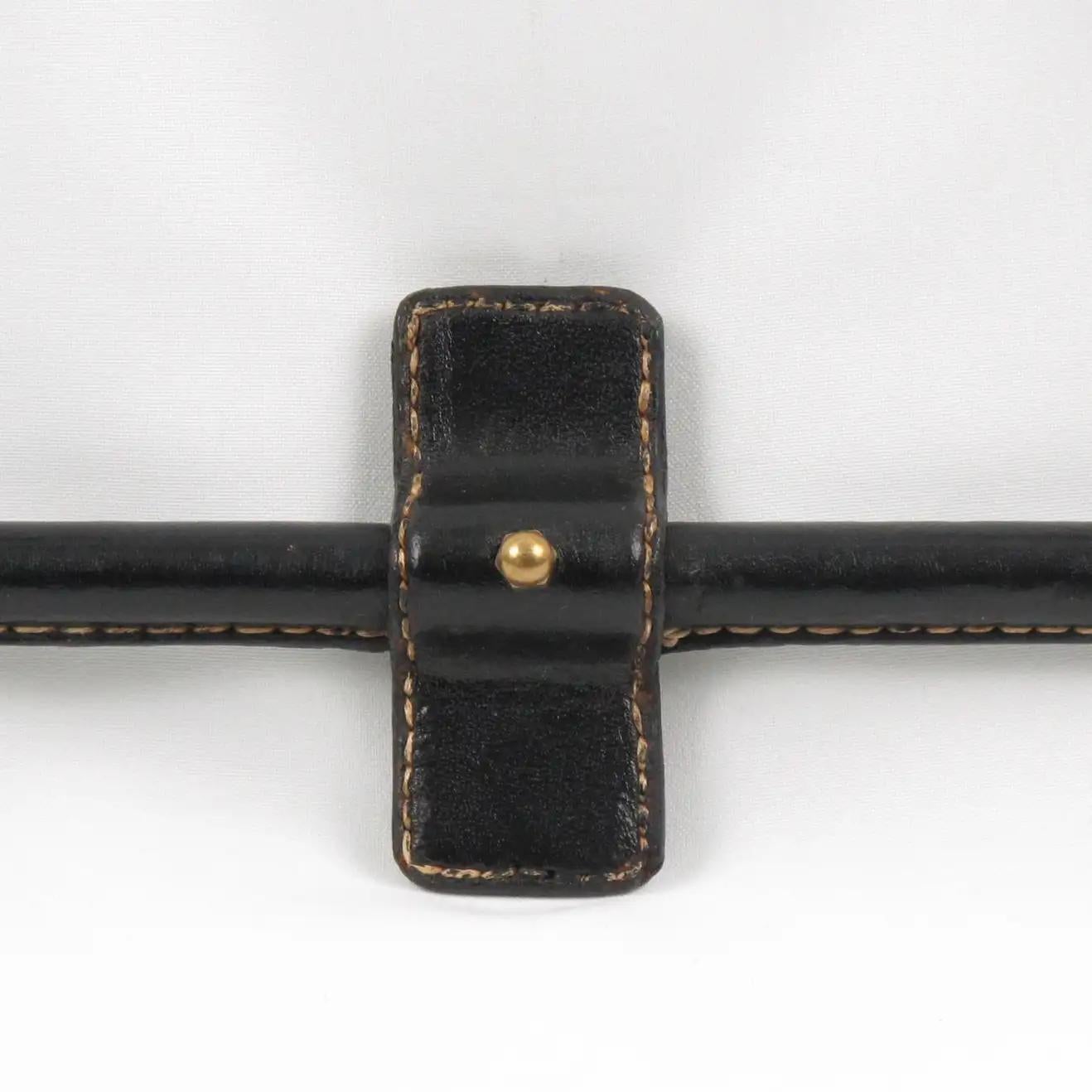 Modern Jacques Adnet Hand-Stitched Black Leather Coat Hook Hanger Rack