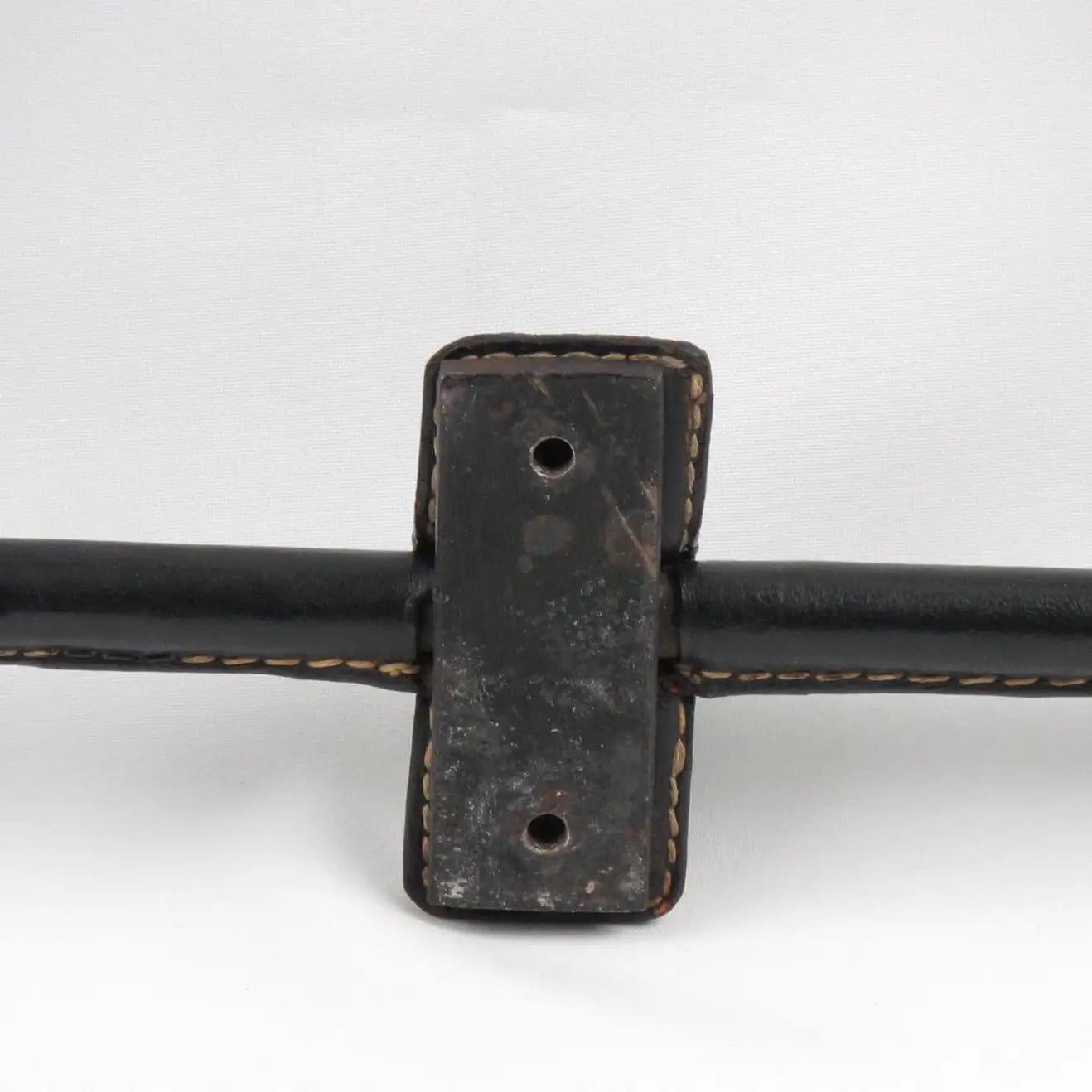 Mid-20th Century Jacques Adnet Hand-Stitched Black Leather Coat Hook Hanger Rack