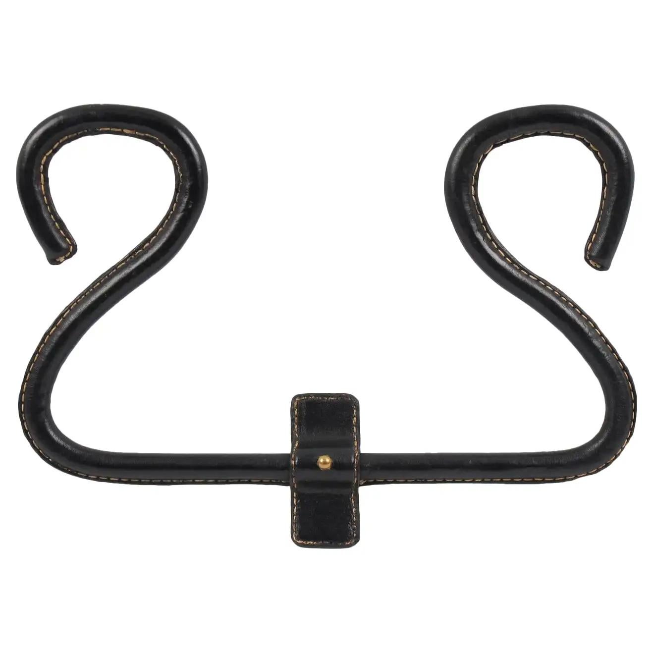 Jacques Adnet Hand-Stitched Black Leather Coat Hook Hanger Rack 3