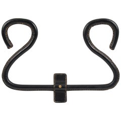 Jacques Adnet Hand-Stitched Black Leather Coat Hook Hanger Rack