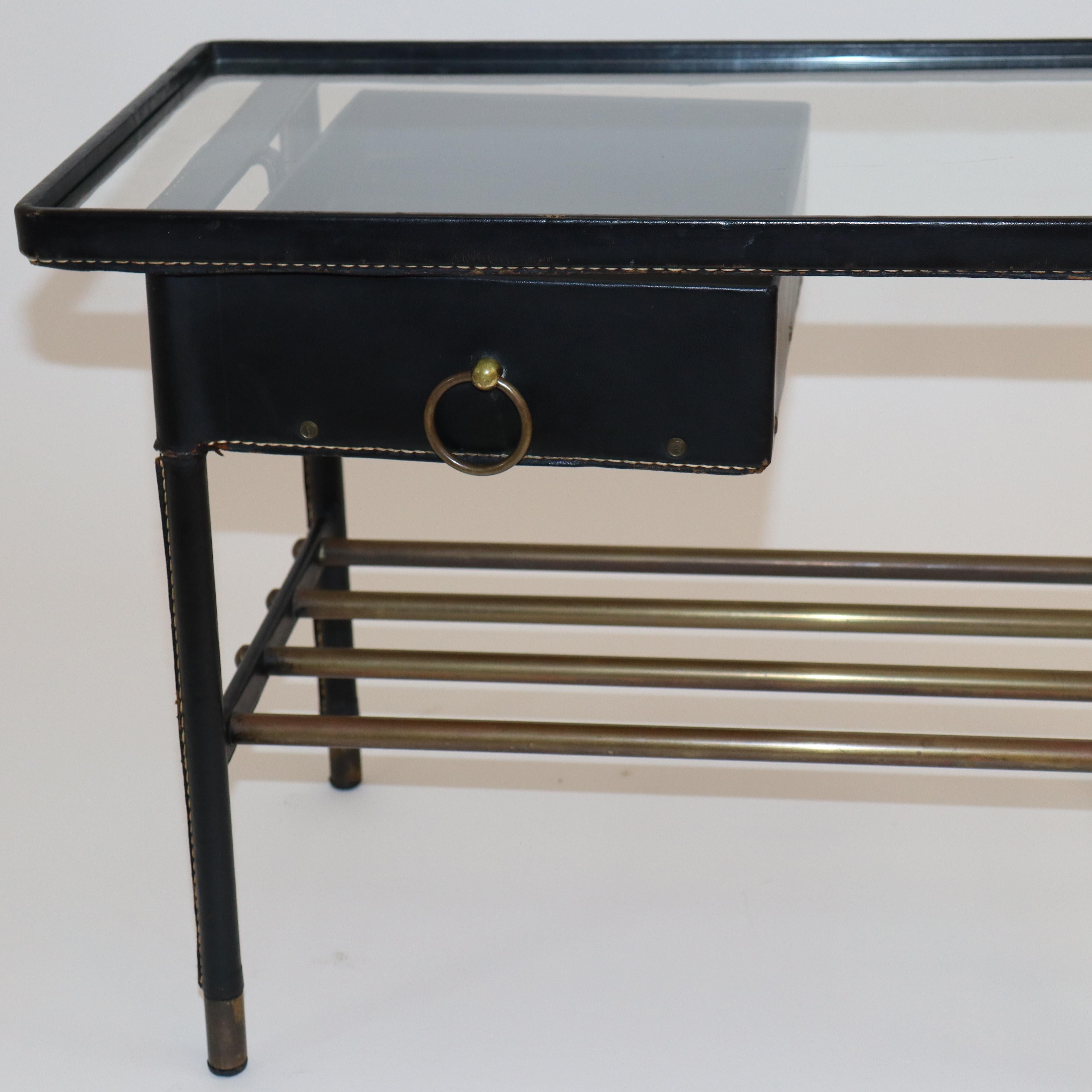 Mid-Century Modern Jacques Adnet Hand-Stitched Black Leather Night Stand, 1950's France For Sale