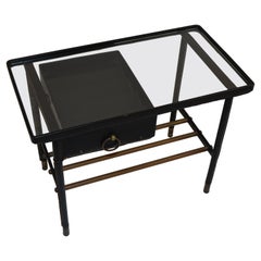 Jacques Adnet Hand-Stitched Black Leather Night Stand, 1950's France