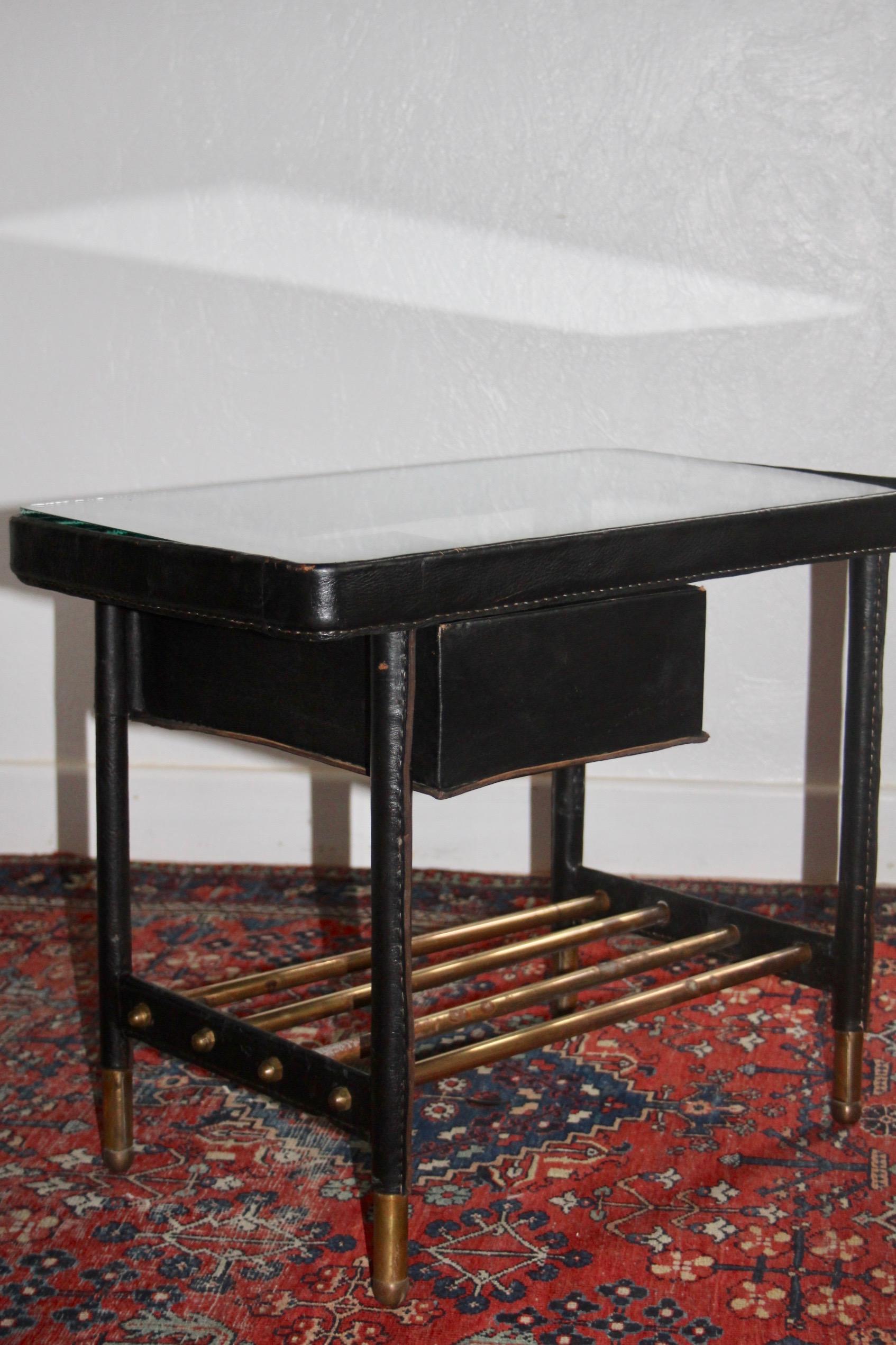 Jacques Adnet Hand-Stitched Black Leather pair of Night Stand, 1950's France 8