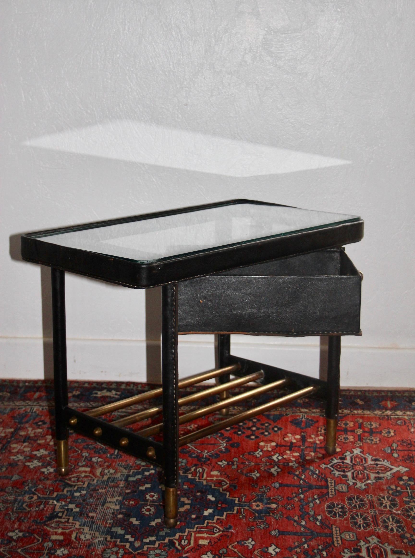 Jacques Adnet Hand-Stitched Black Leather pair of Night Stand, 1950's France 1