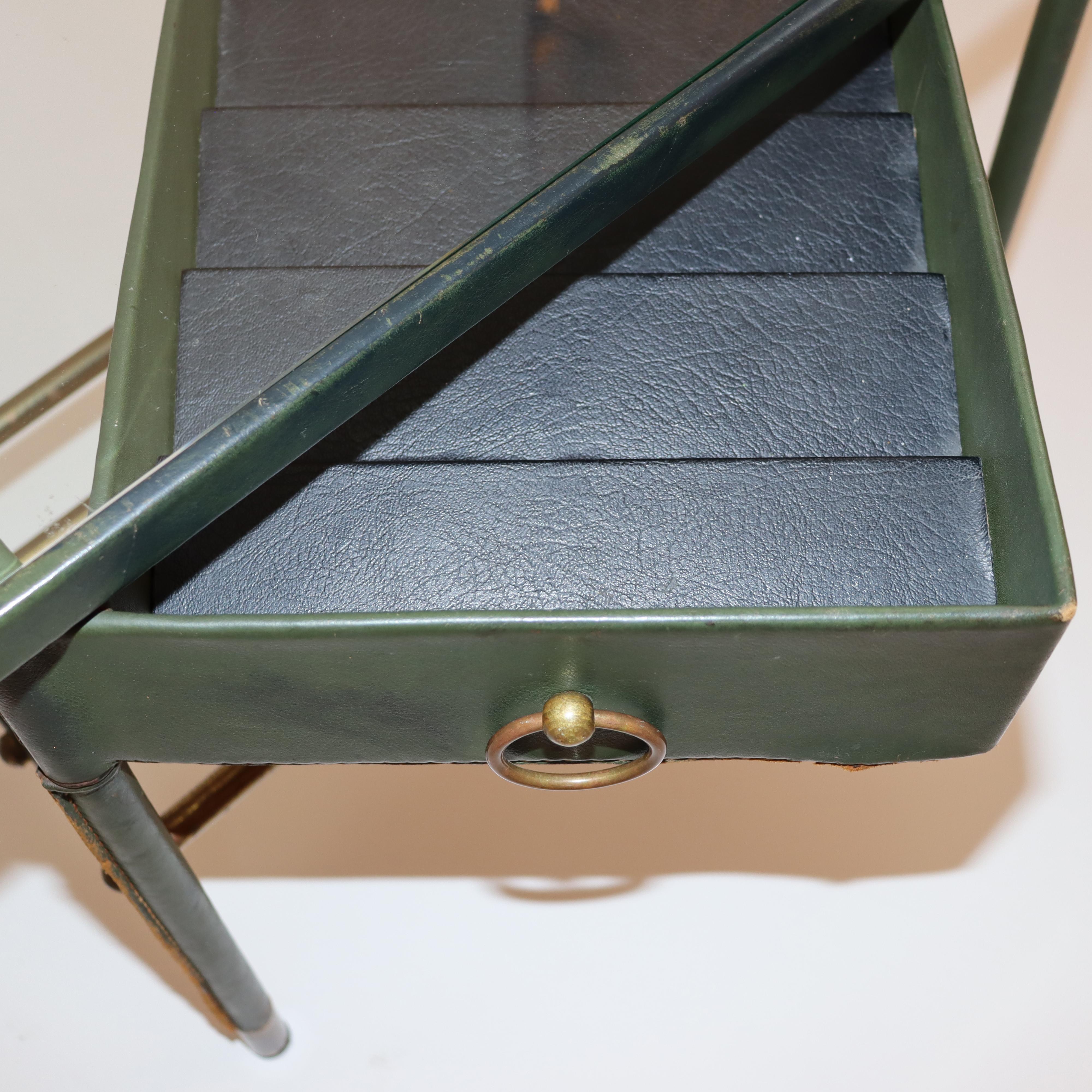 French Jacques Adnet Handstitched Green Leather Nightstand, 1950s, France For Sale