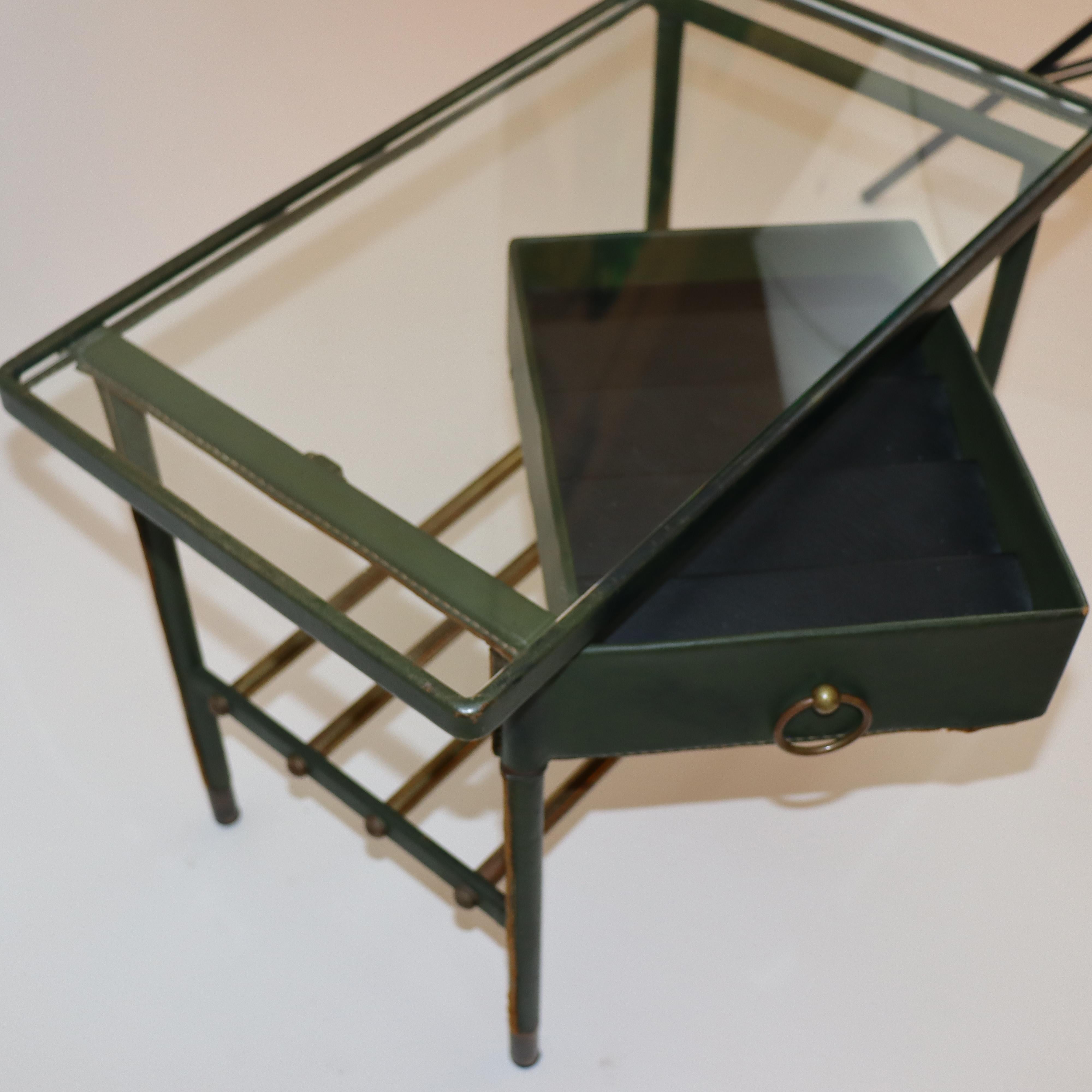 Brass Jacques Adnet Handstitched Green Leather Nightstand, 1950s, France For Sale