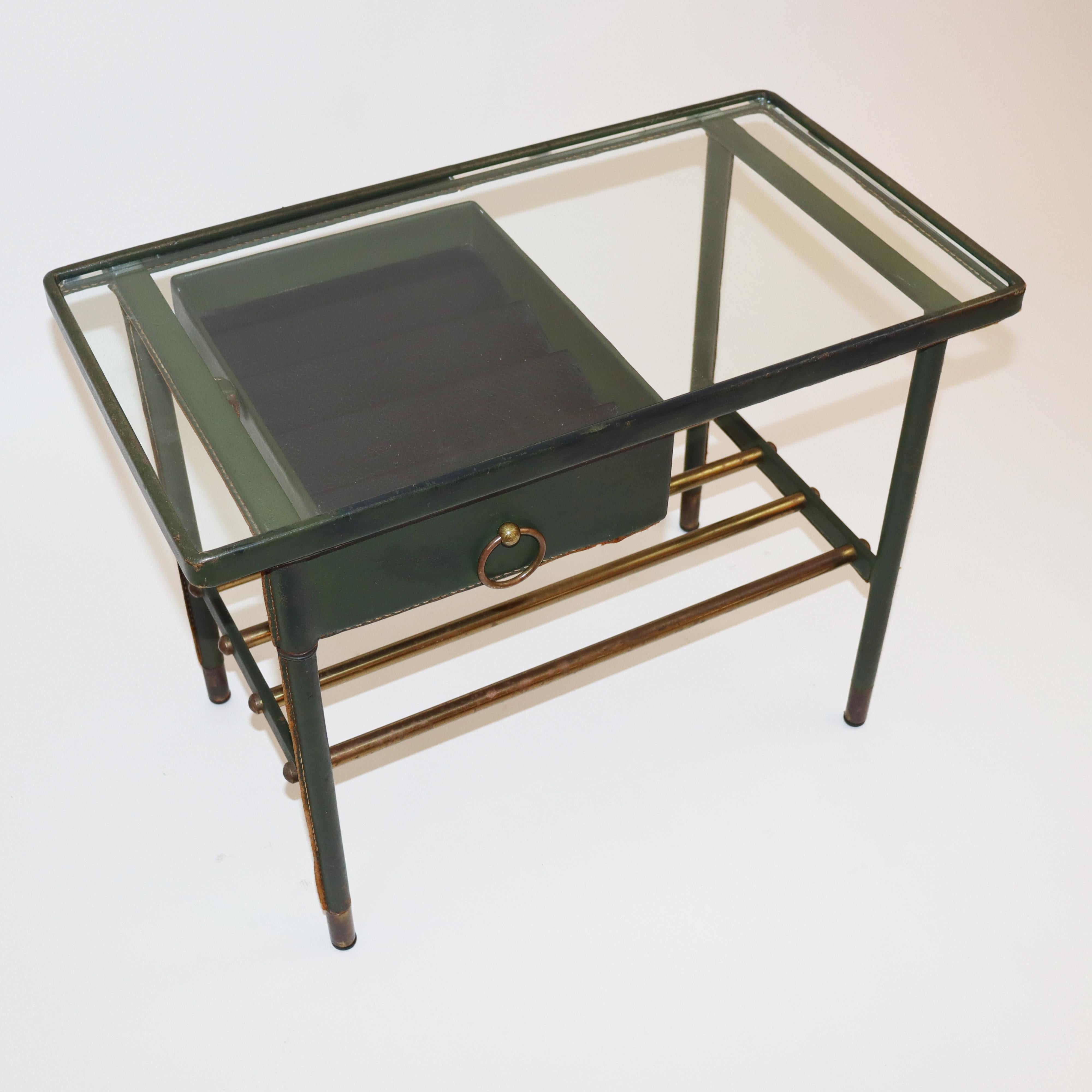 Jacques Adnet Handstitched Green Leather Nightstand, 1950s, France For Sale 2