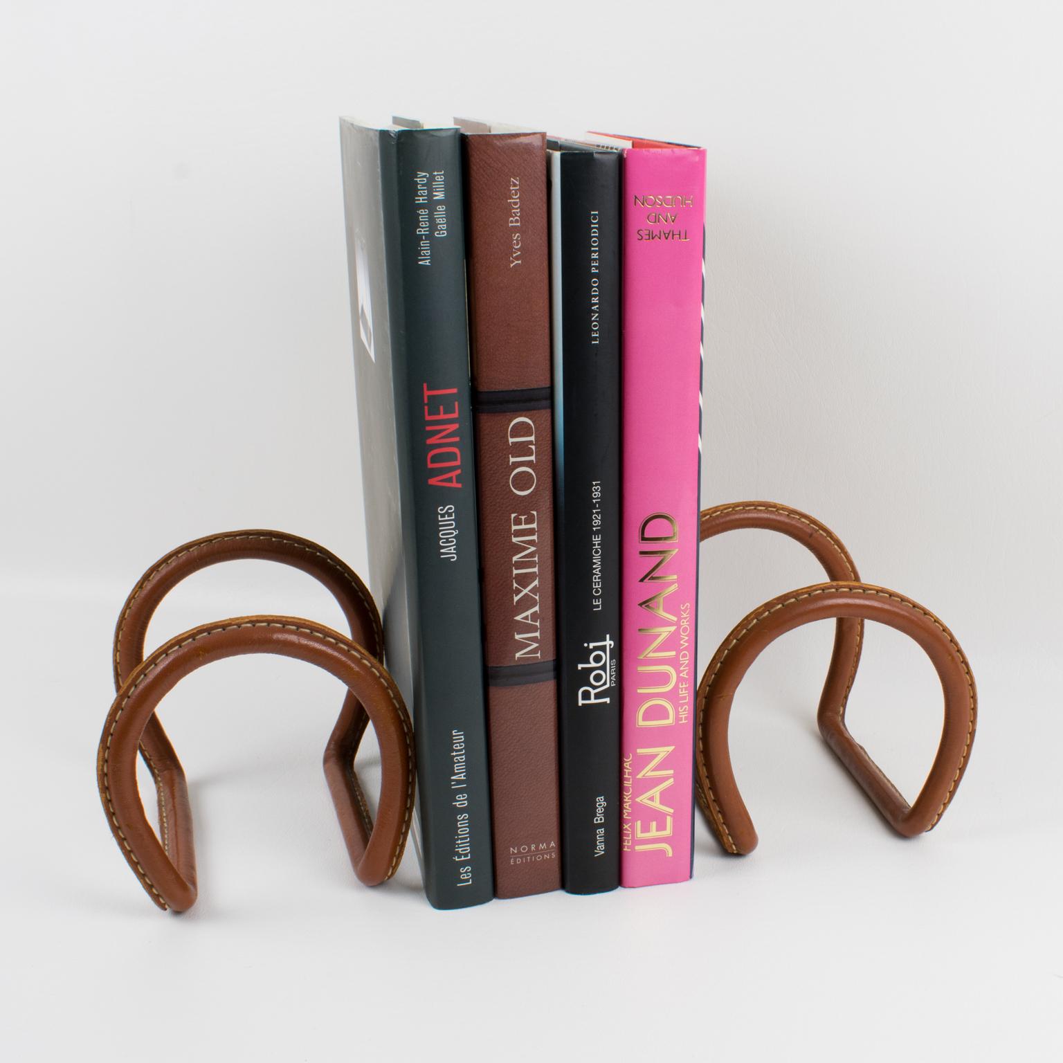 French Jacques Adnet Hand-Stitched Leather Bookends