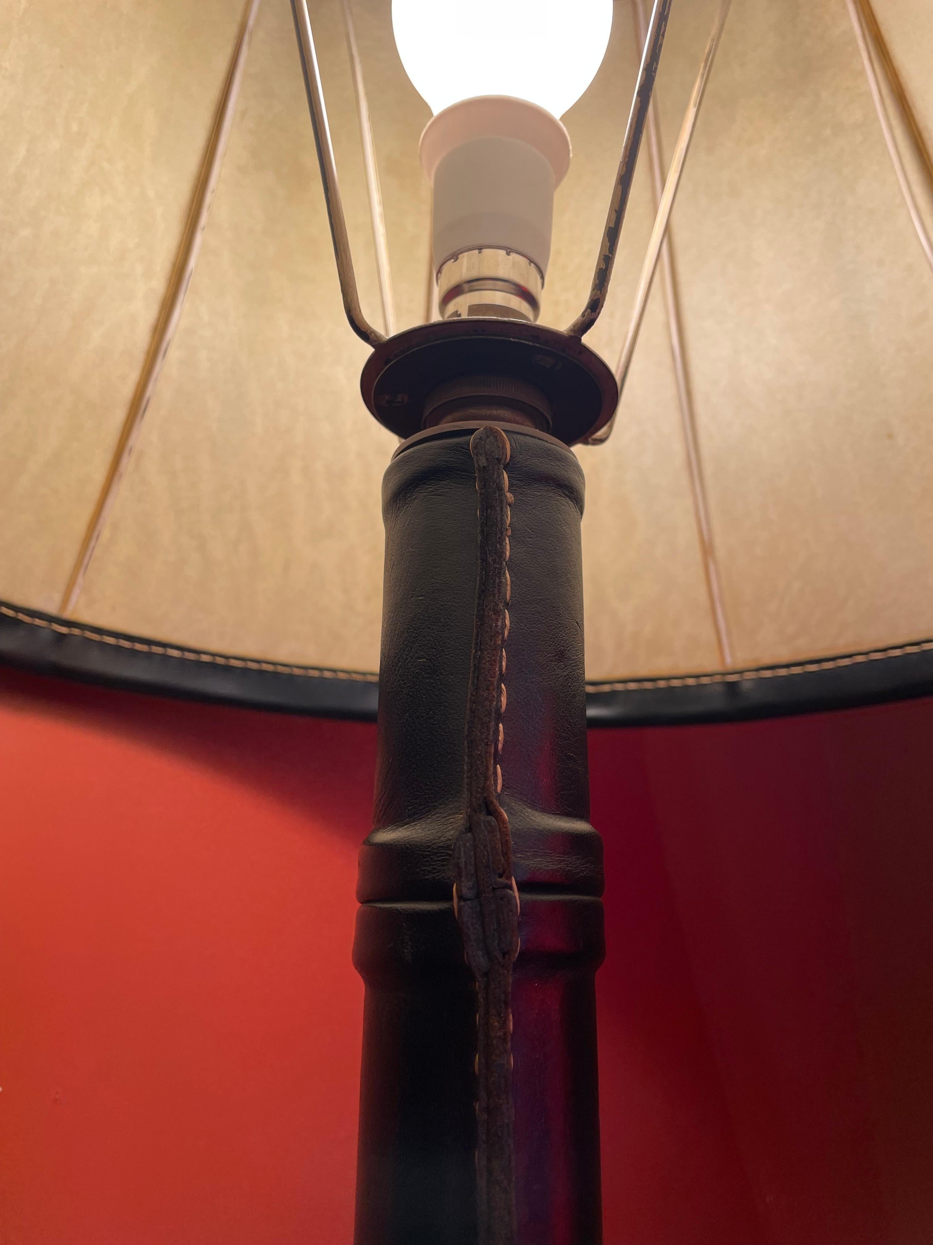 Mid-20th Century Jacques Adnet Hand Stitched Leather Table Lamp For Sale