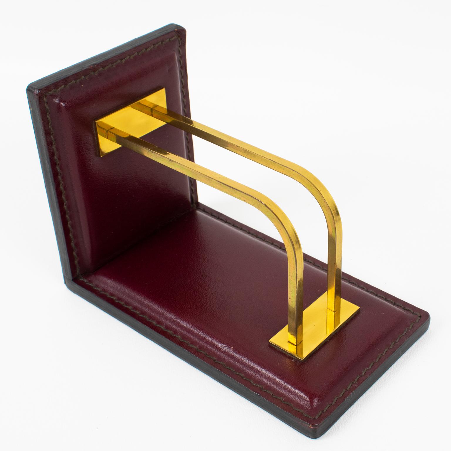 Jacques Adnet Hand-Stitched Red Leather and Brass Bookends 4