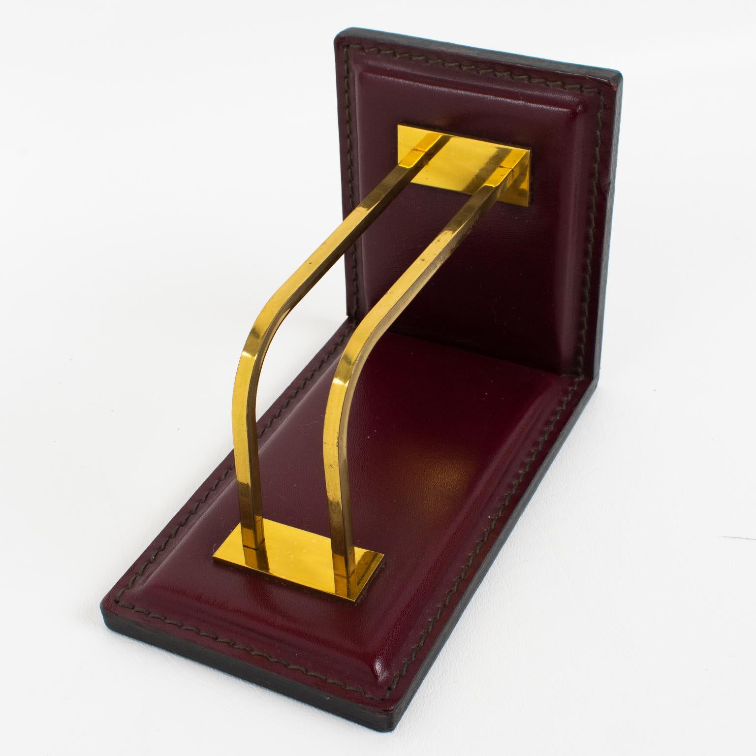 Jacques Adnet Hand-Stitched Red Leather and Brass Bookends 5