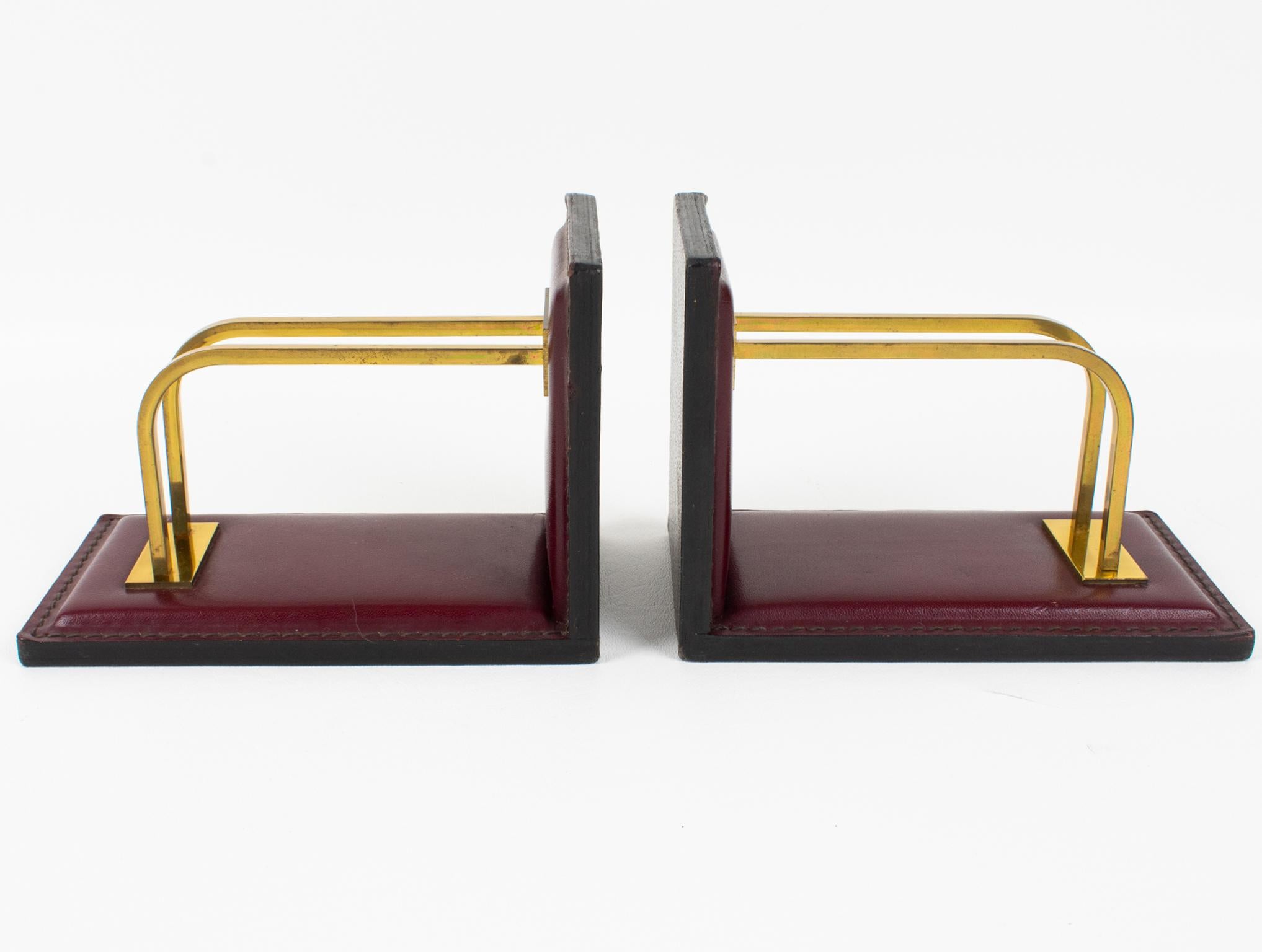 Jacques Adnet Hand-Stitched Red Leather and Brass Bookends 6