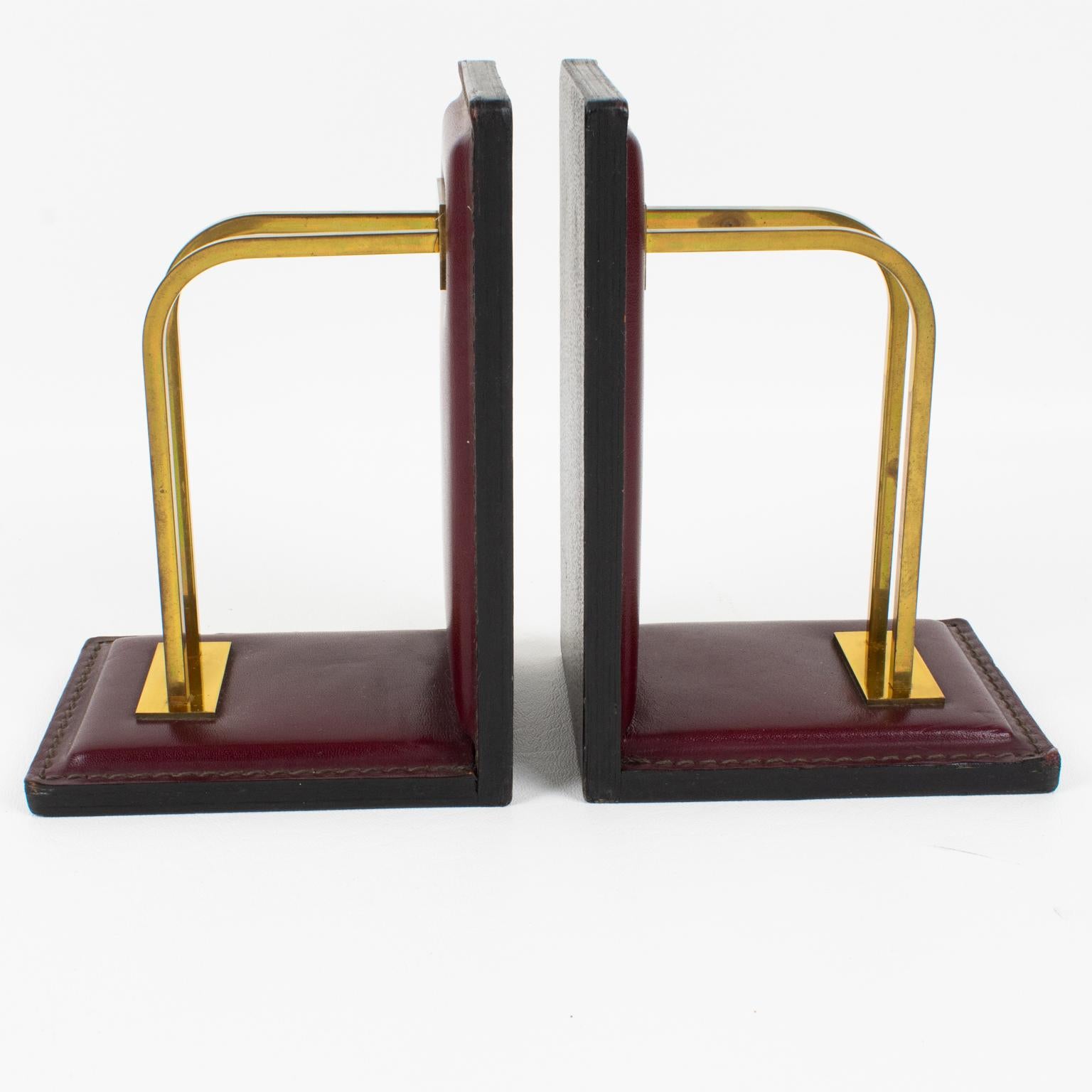 Jacques Adnet Hand-Stitched Red Leather and Brass Bookends 7