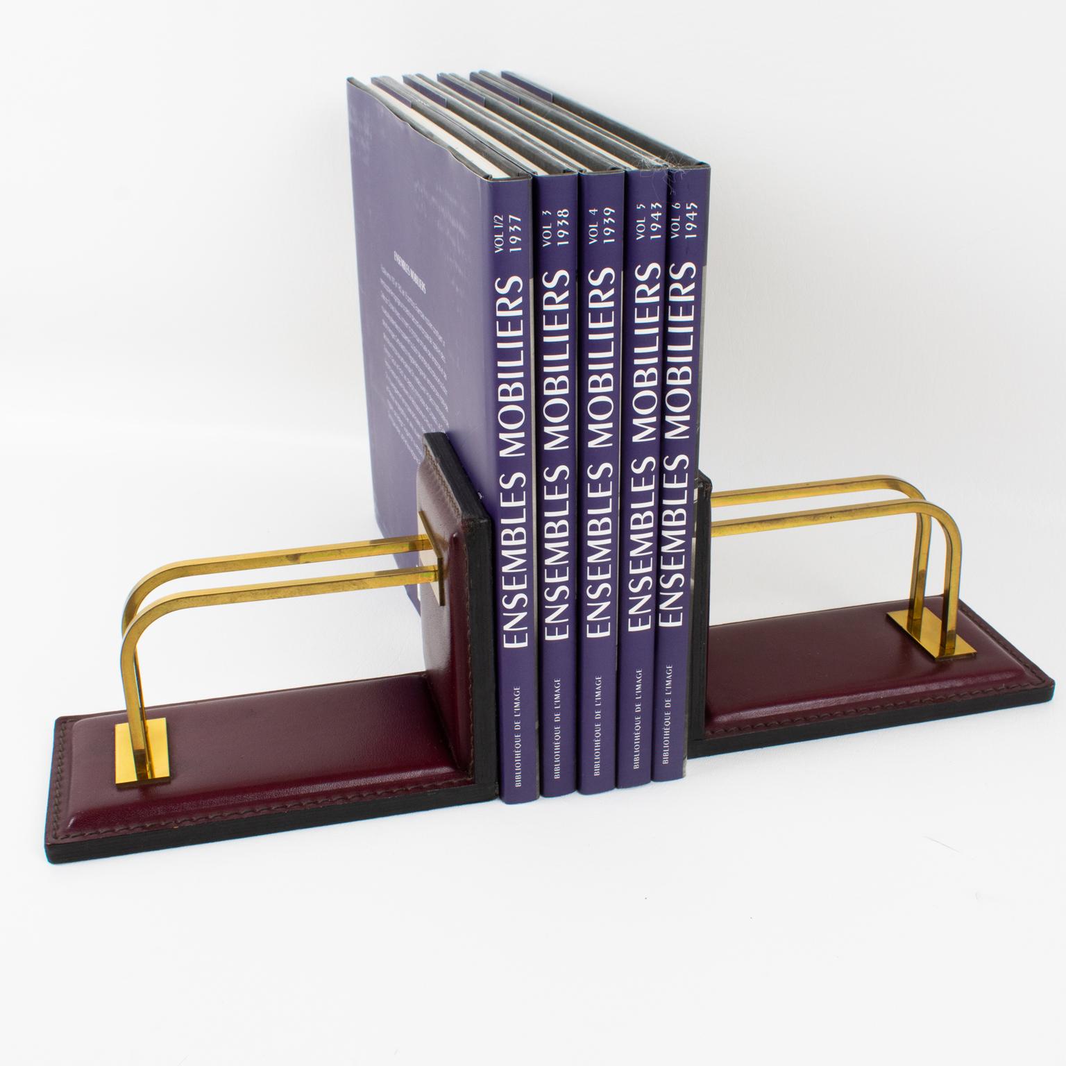 Jacques Adnet Hand-Stitched Red Leather and Brass Bookends In Excellent Condition In Atlanta, GA