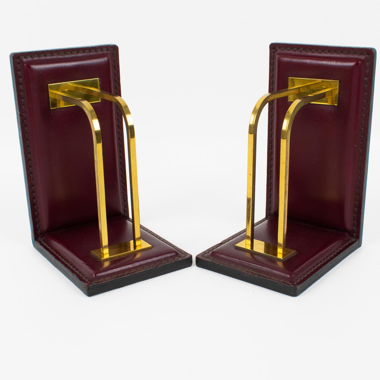 Metal Jacques Adnet Hand-Stitched Red Leather and Brass Bookends