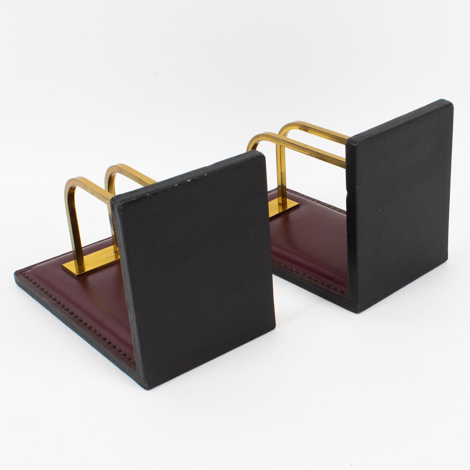 Jacques Adnet Hand-Stitched Red Leather and Brass Bookends 1