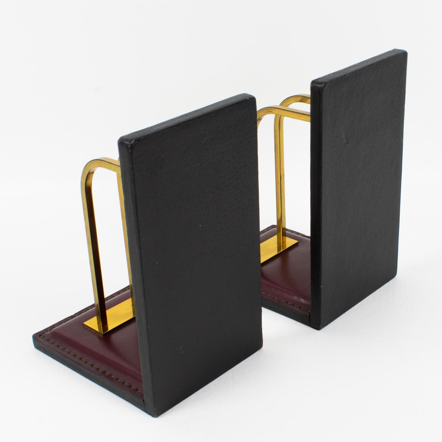 Jacques Adnet Hand-Stitched Red Leather and Brass Bookends 2
