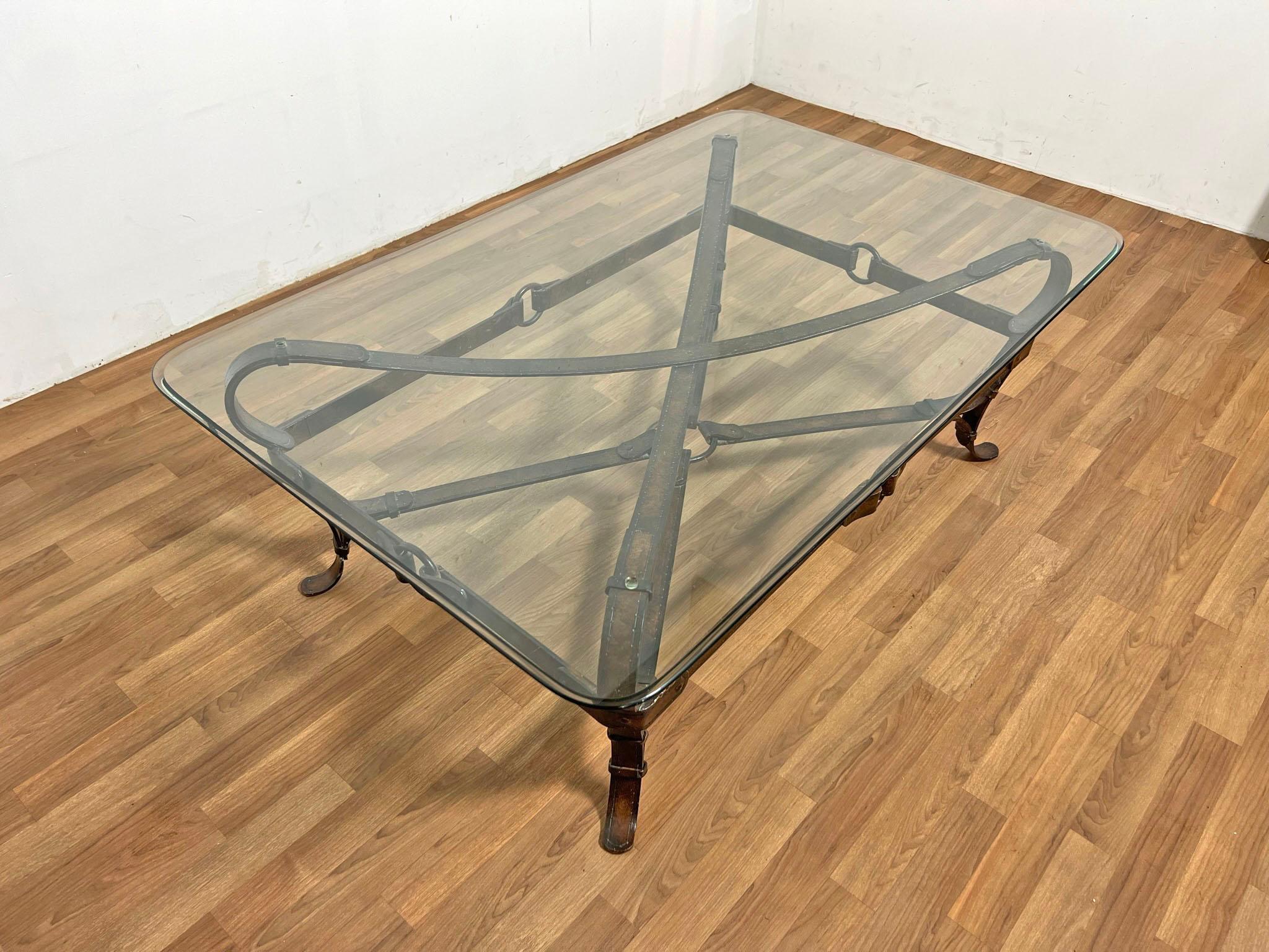 Mid-Century Modern Jacques Adnet Hermes Style Tromp L'Oeil Equestrian Strap Coffee Table For Sale