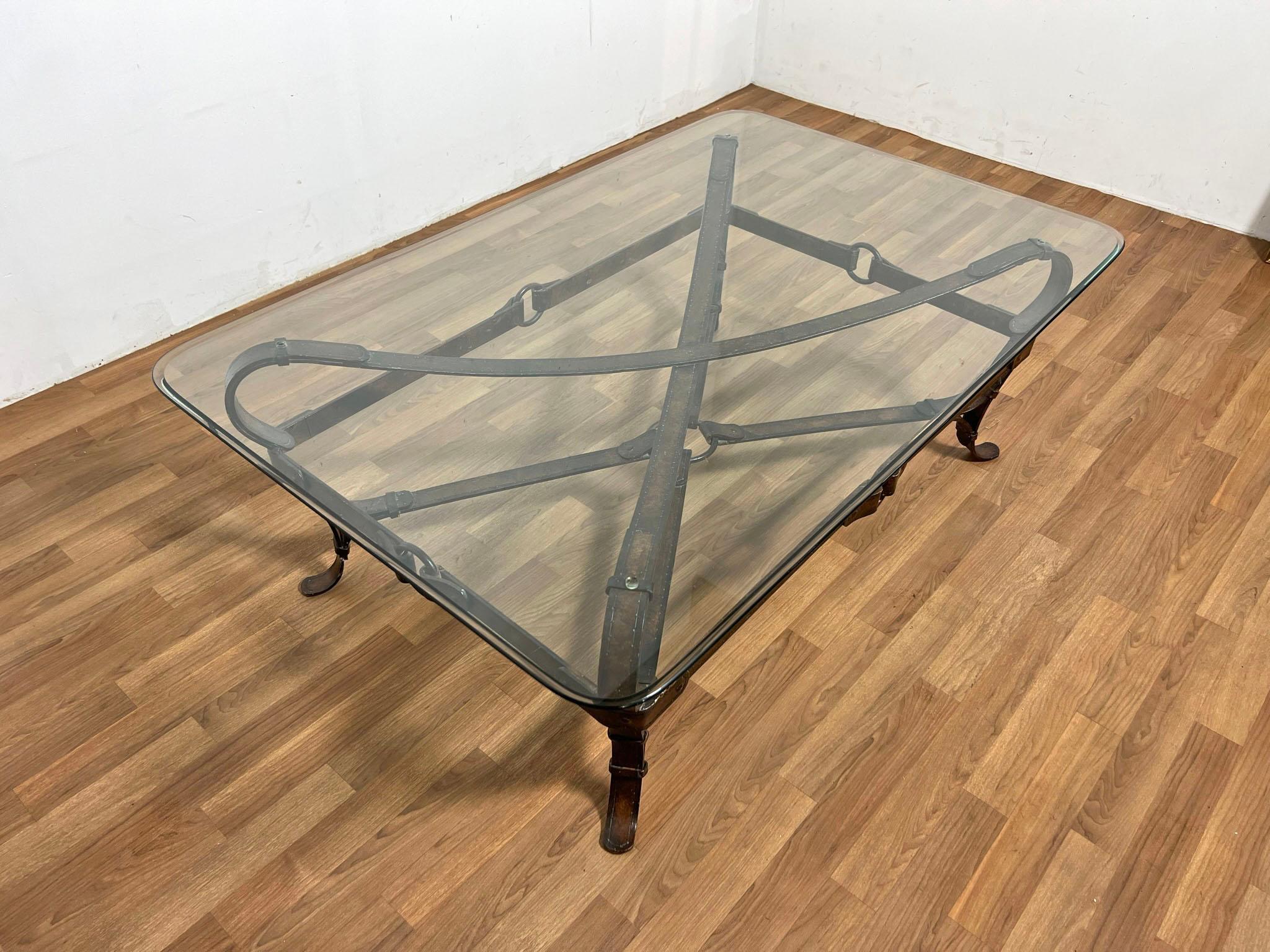 Jacques Adnet Hermes Style Tromp L'Oeil Equestrian Strap Coffee Table In Good Condition For Sale In Peabody, MA