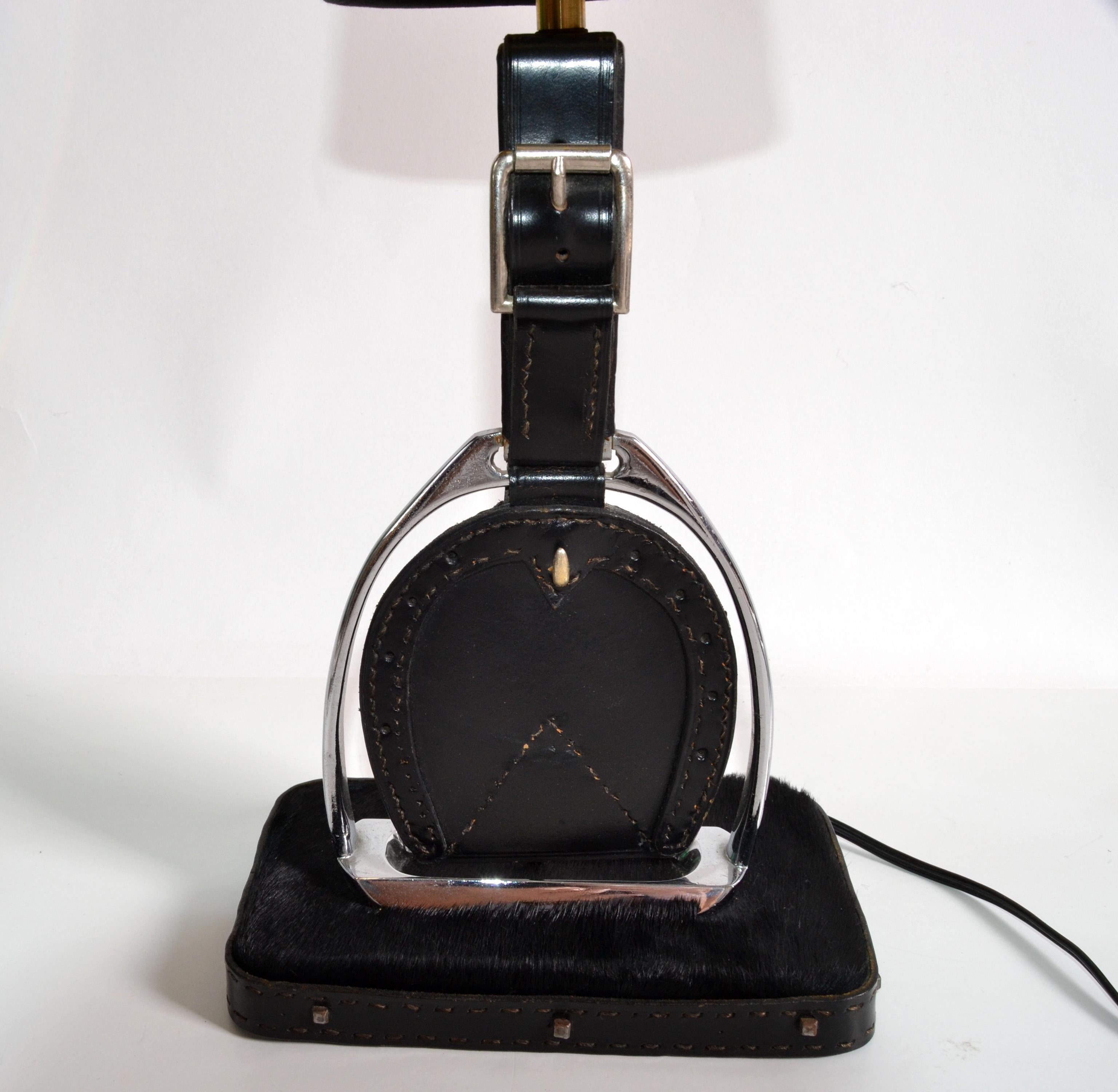 Jacques Adnet Horse Hair Saddle Stitched Leather & Nickel Stirrup Table Lamp 50 For Sale 2