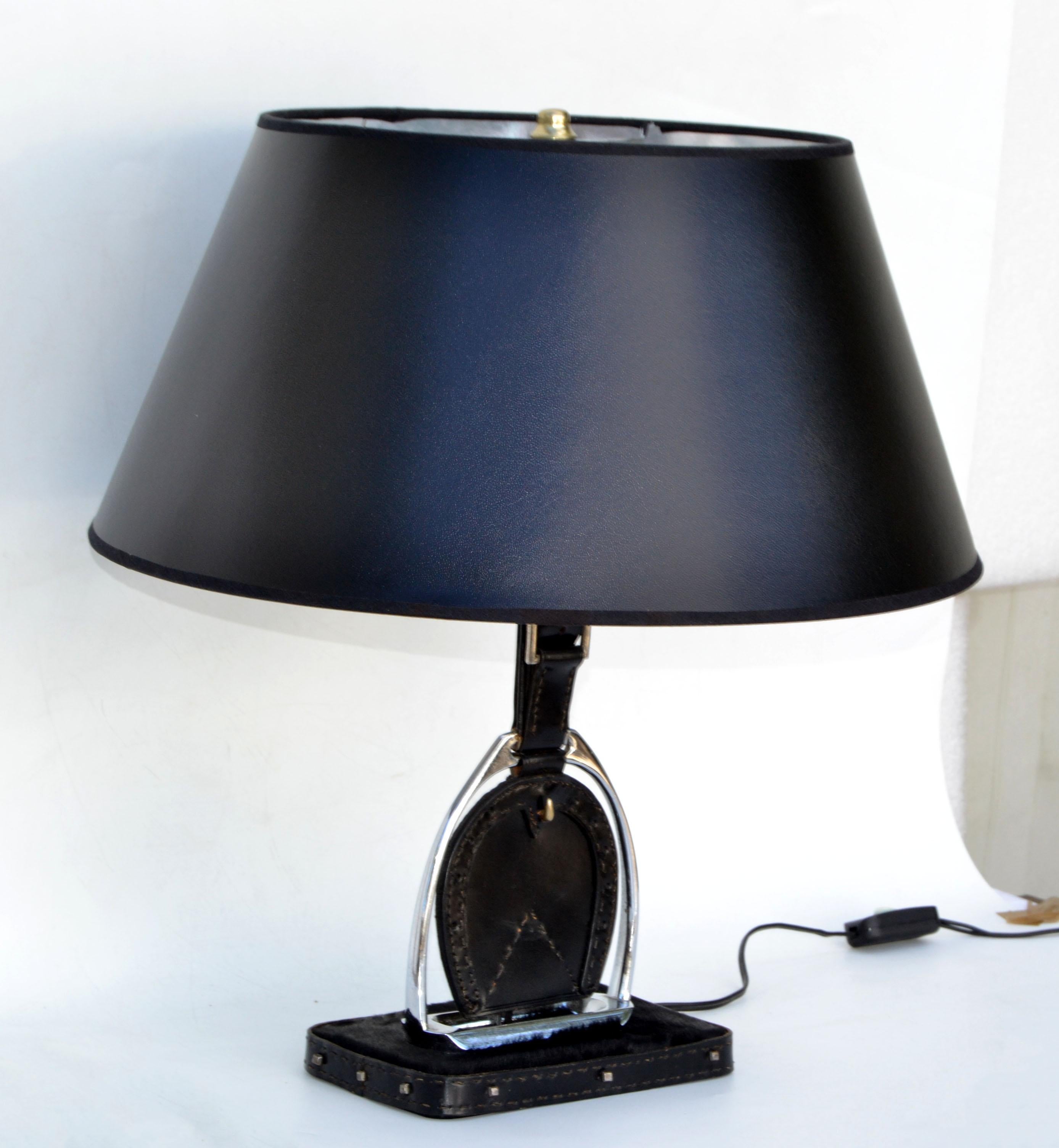 French Jacques Adnet Horse Hair Saddle Stitched Leather & Nickel Stirrup Table Lamp 50  For Sale