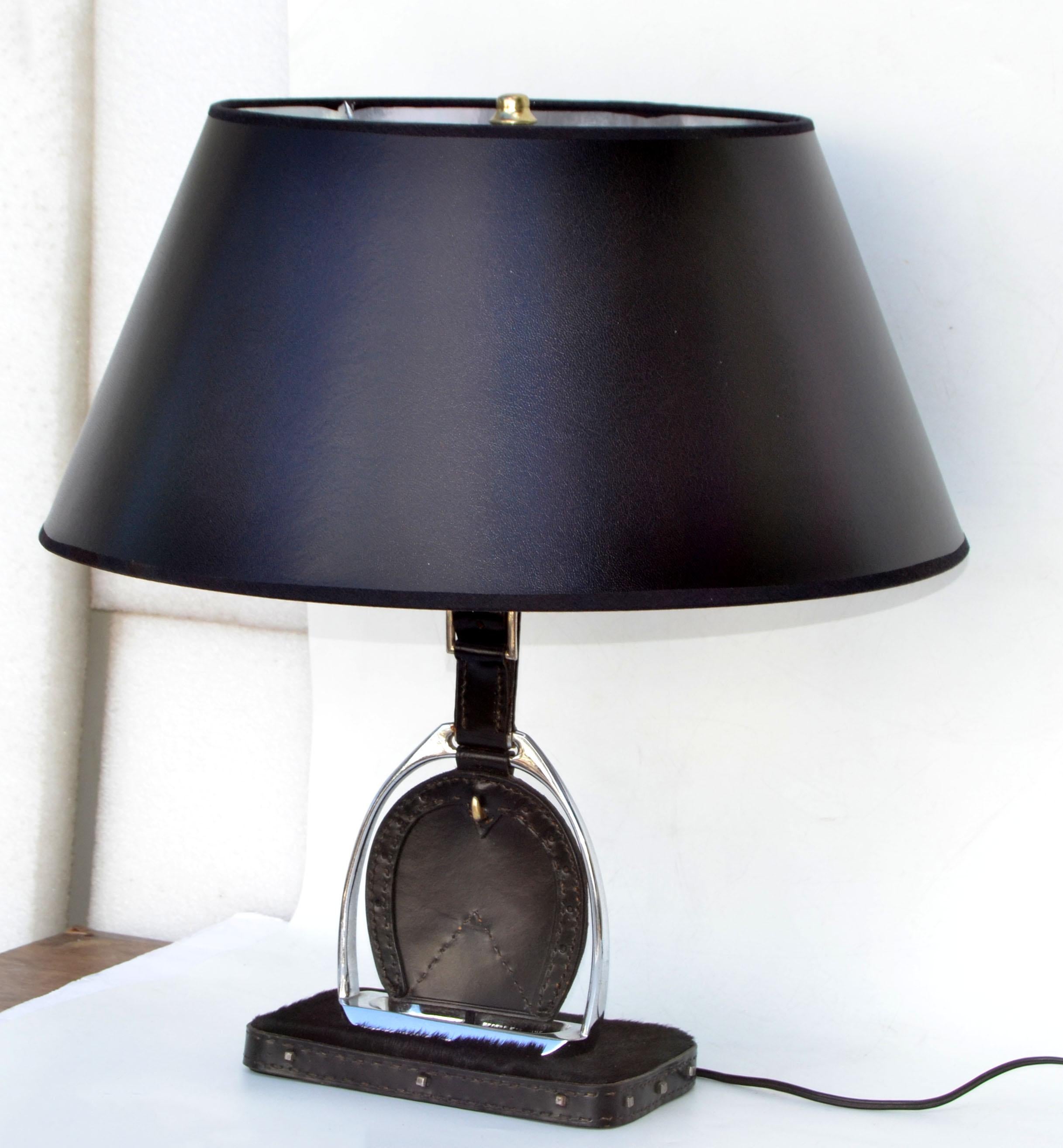 Hand-Crafted Jacques Adnet Horse Hair Saddle Stitched Leather & Nickel Stirrup Table Lamp 50 For Sale