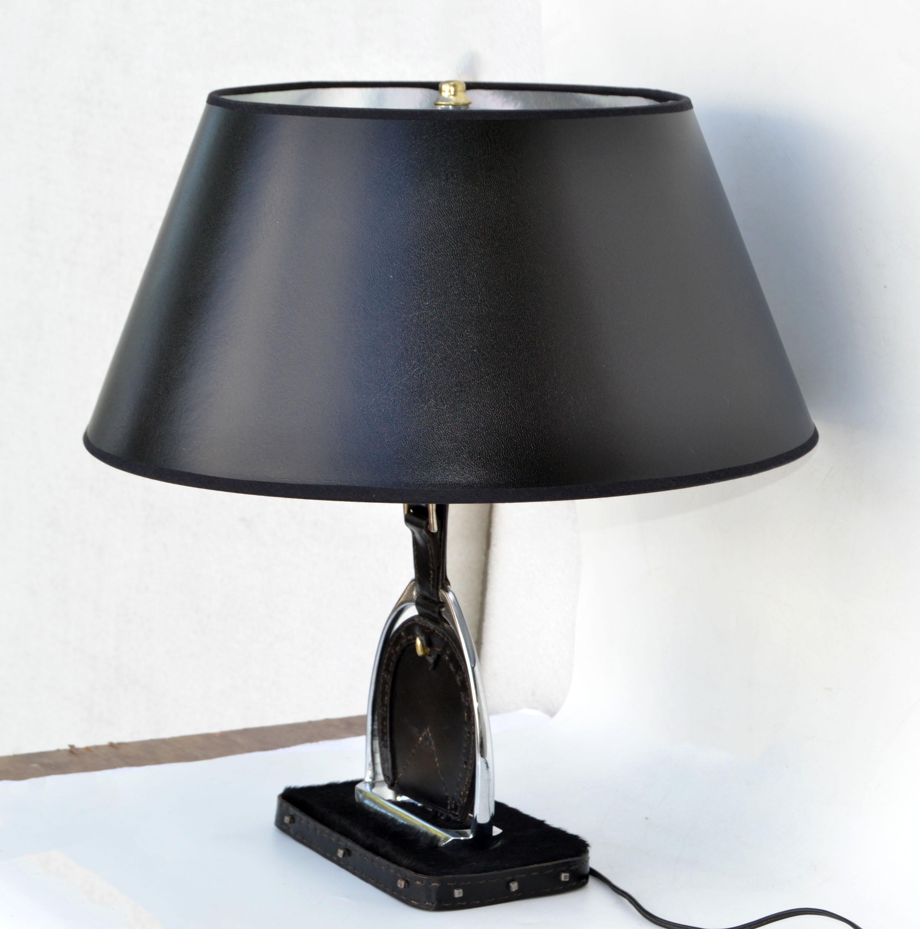 Jacques Adnet Horse Hair Saddle Stitched Leather & Nickel Stirrup Table Lamp 50  In Good Condition For Sale In Miami, FL
