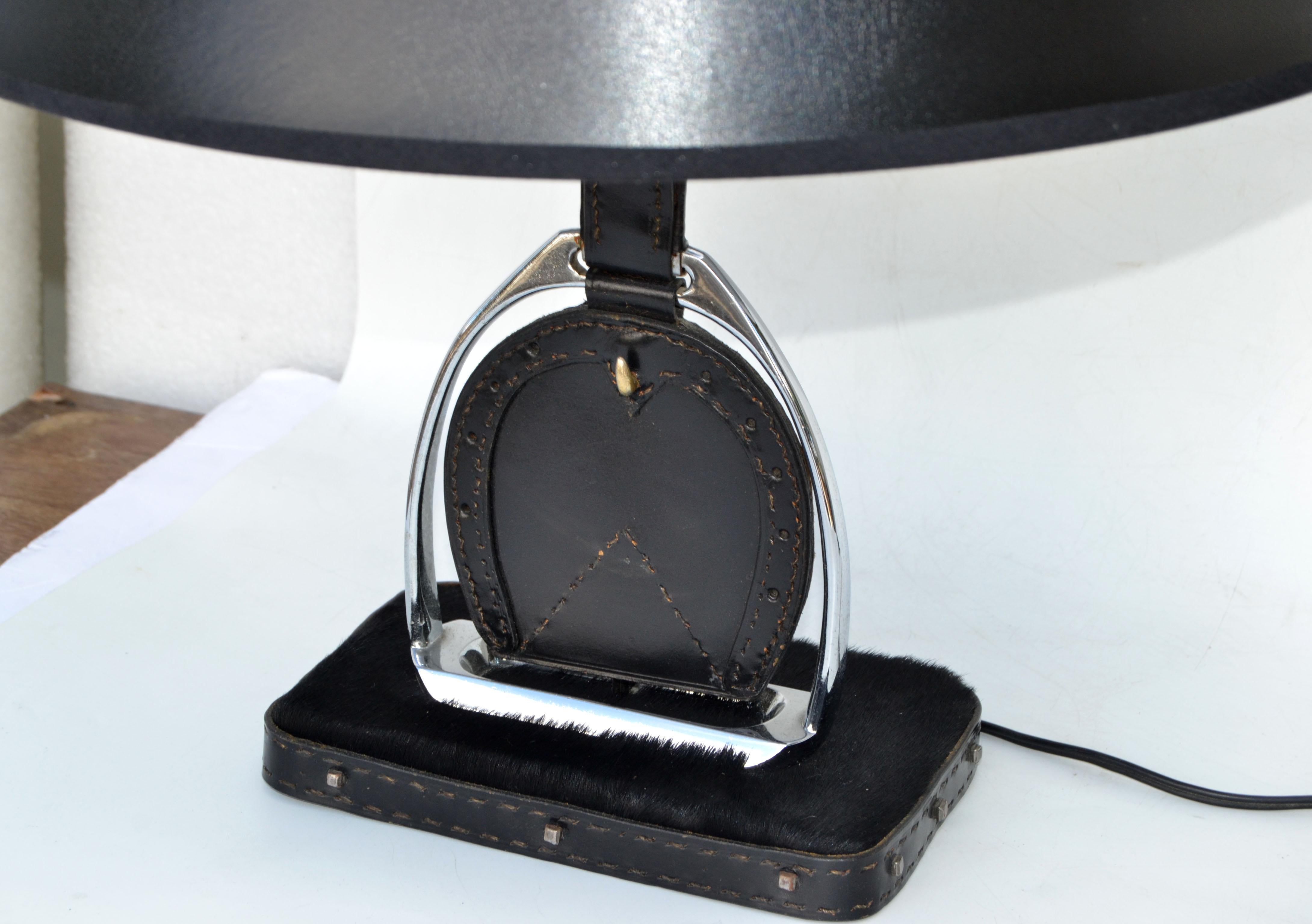 Jacques Adnet Horse Hair Saddle Stitched Leather & Nickel Stirrup Table Lamp 50 For Sale 1