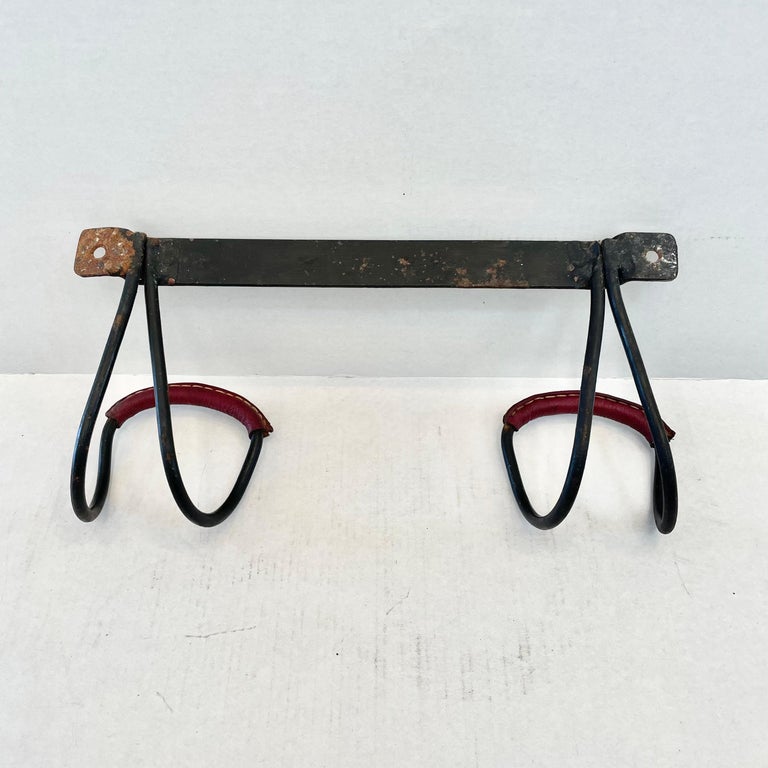 Jacques Adnet Iron and Leather Coat Rack, 1950s France In Good Condition For Sale In Los Angeles, CA
