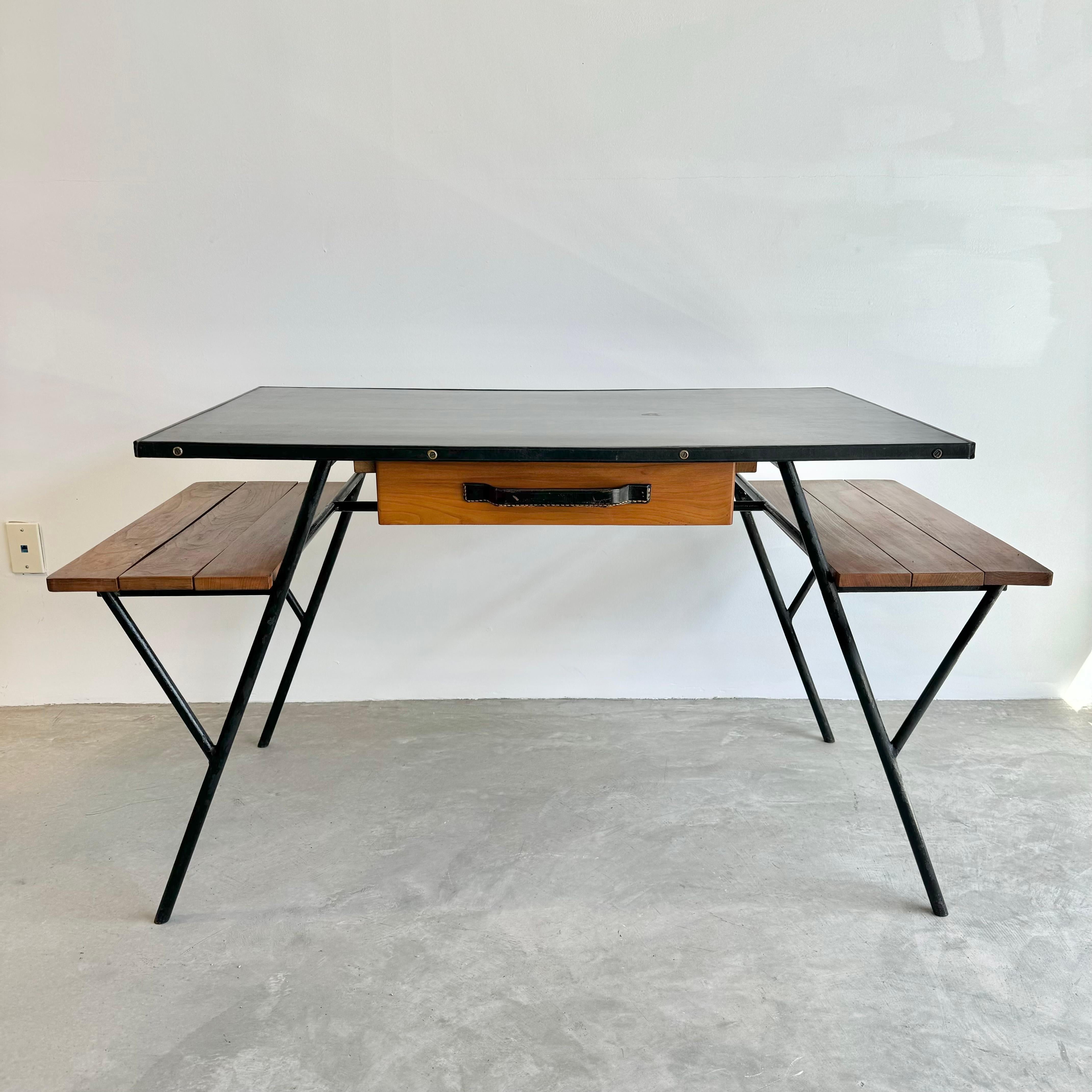 French Jacques Adnet Iron and Oak Desk, 1950s France For Sale