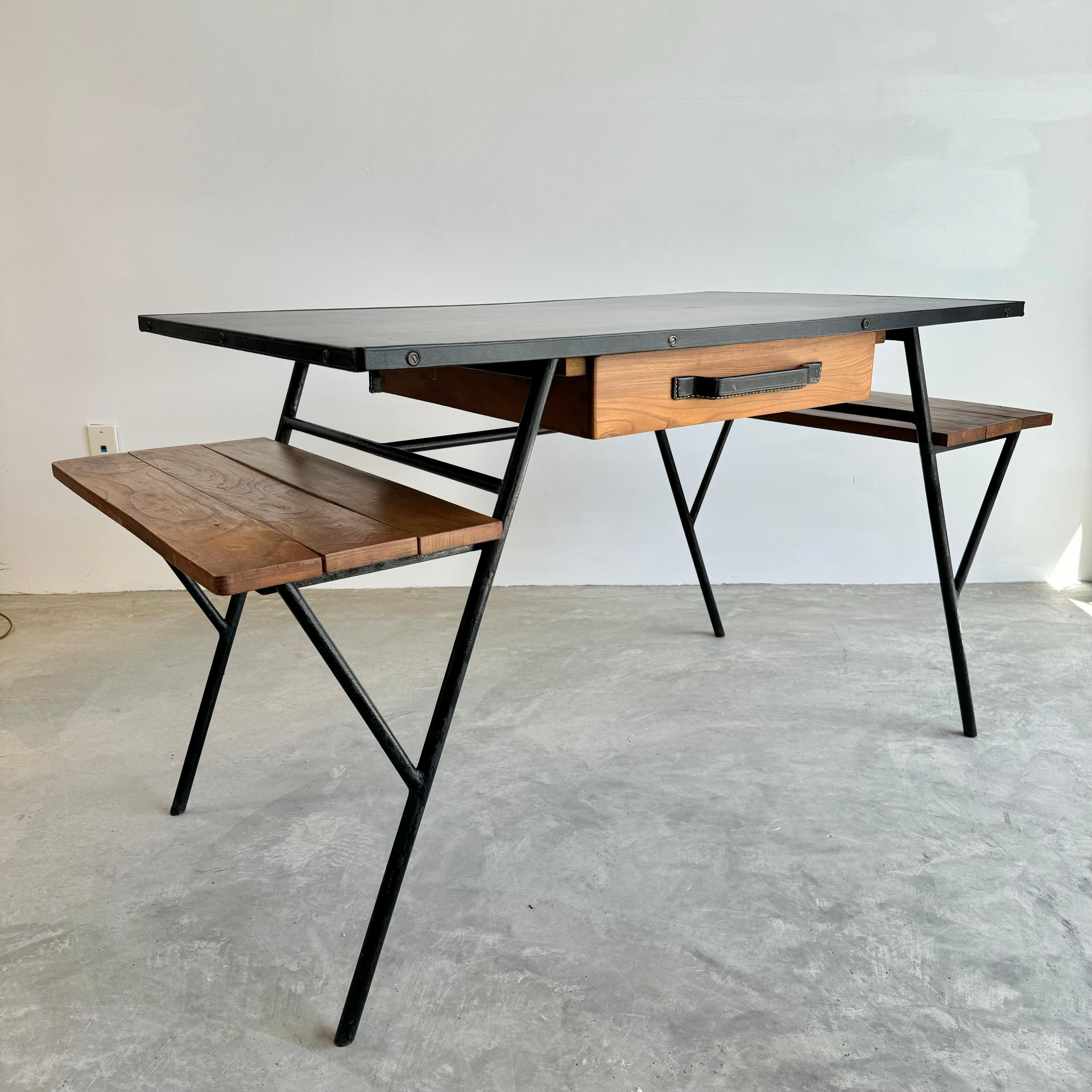 Hand-Crafted Jacques Adnet Iron and Oak Desk, 1950s France For Sale