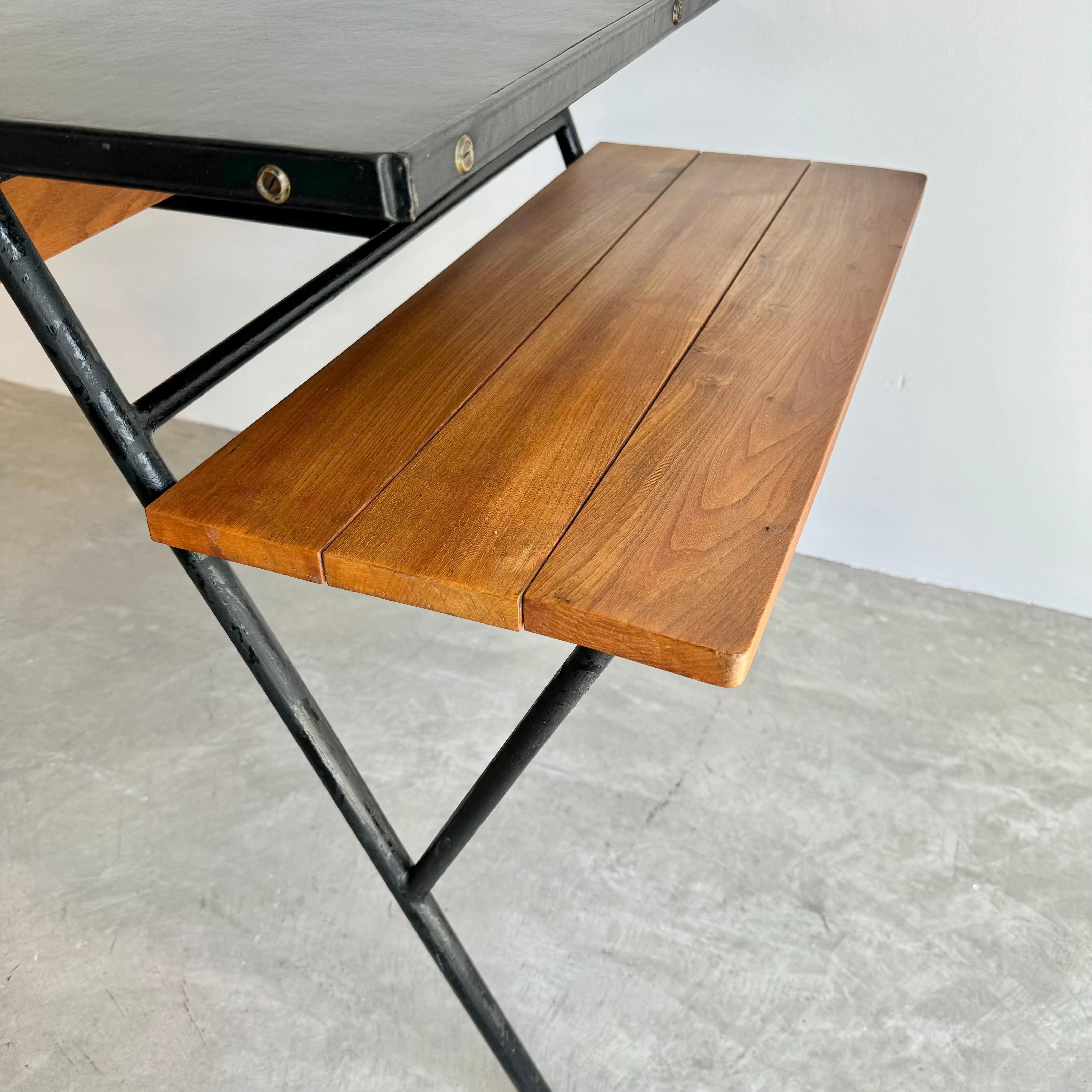 Leather Jacques Adnet Iron and Oak Desk, 1950s France For Sale