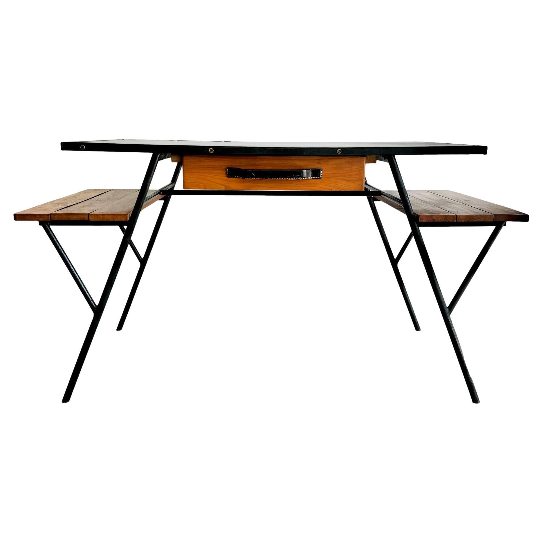 Jacques Adnet Iron and Oak Desk, 1950s France For Sale