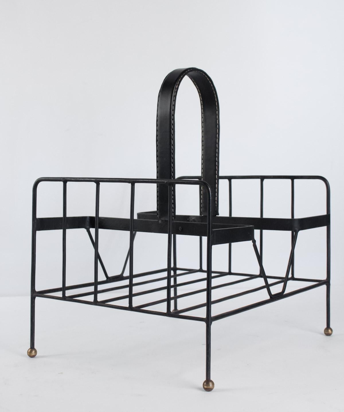 Mid-Century Modern Jacques Adnet Iron Magazine Rack, Leather and Steel, Design 1950