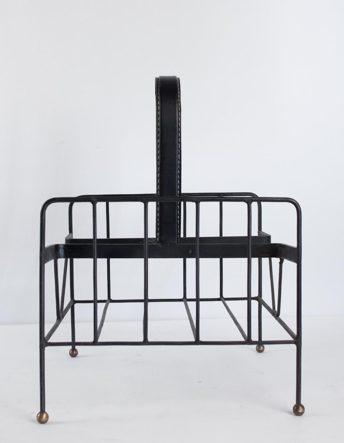 French Jacques Adnet Iron Magazine Rack, Leather and Steel, Design 1950