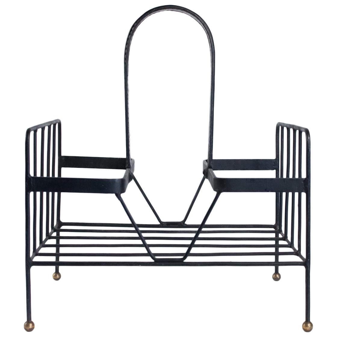 Jacques Adnet Iron Magazine Rack, Leather and Steel, Design 1950
