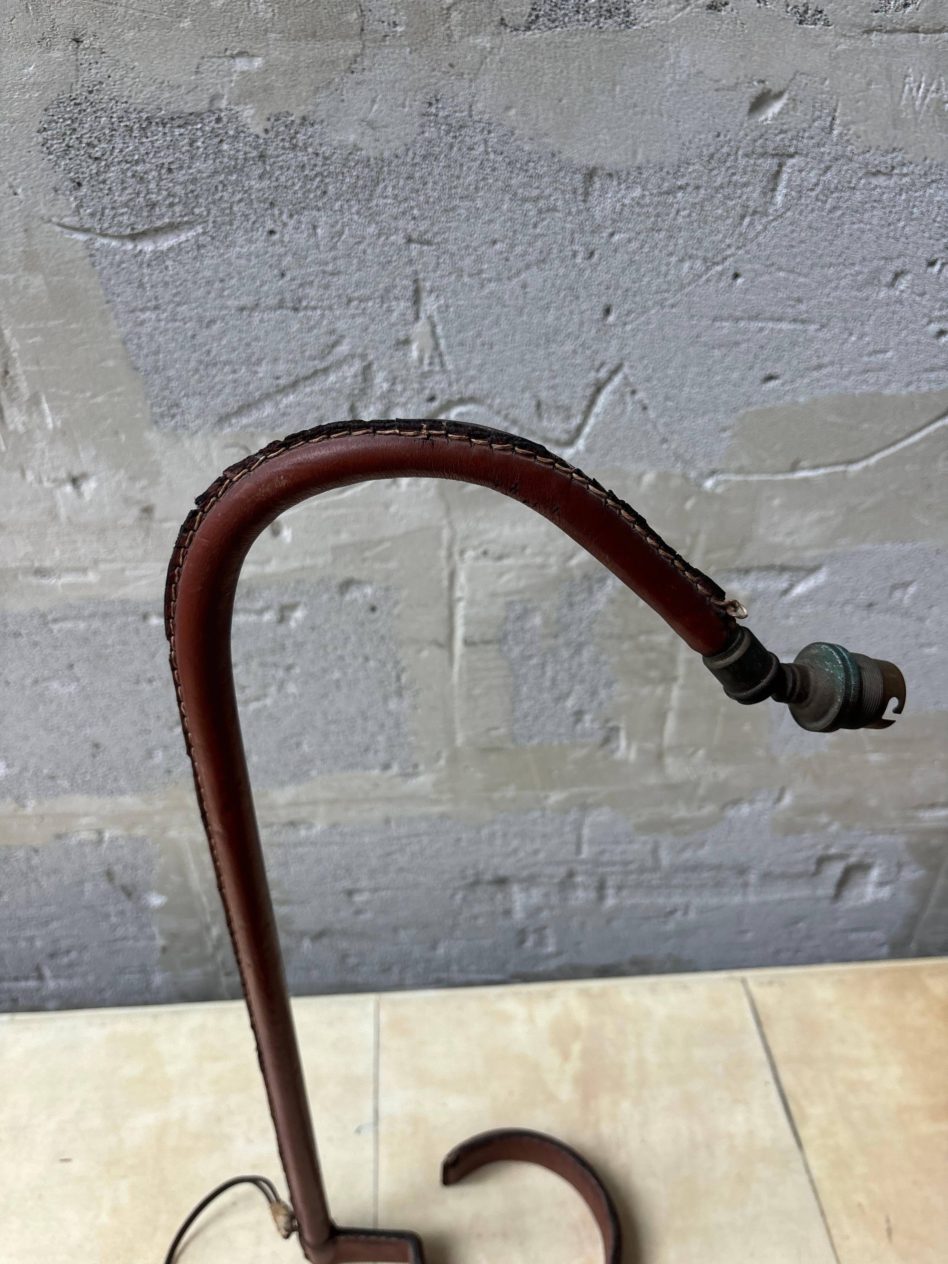Jacques Adnet lamp in brown leather For Sale 4