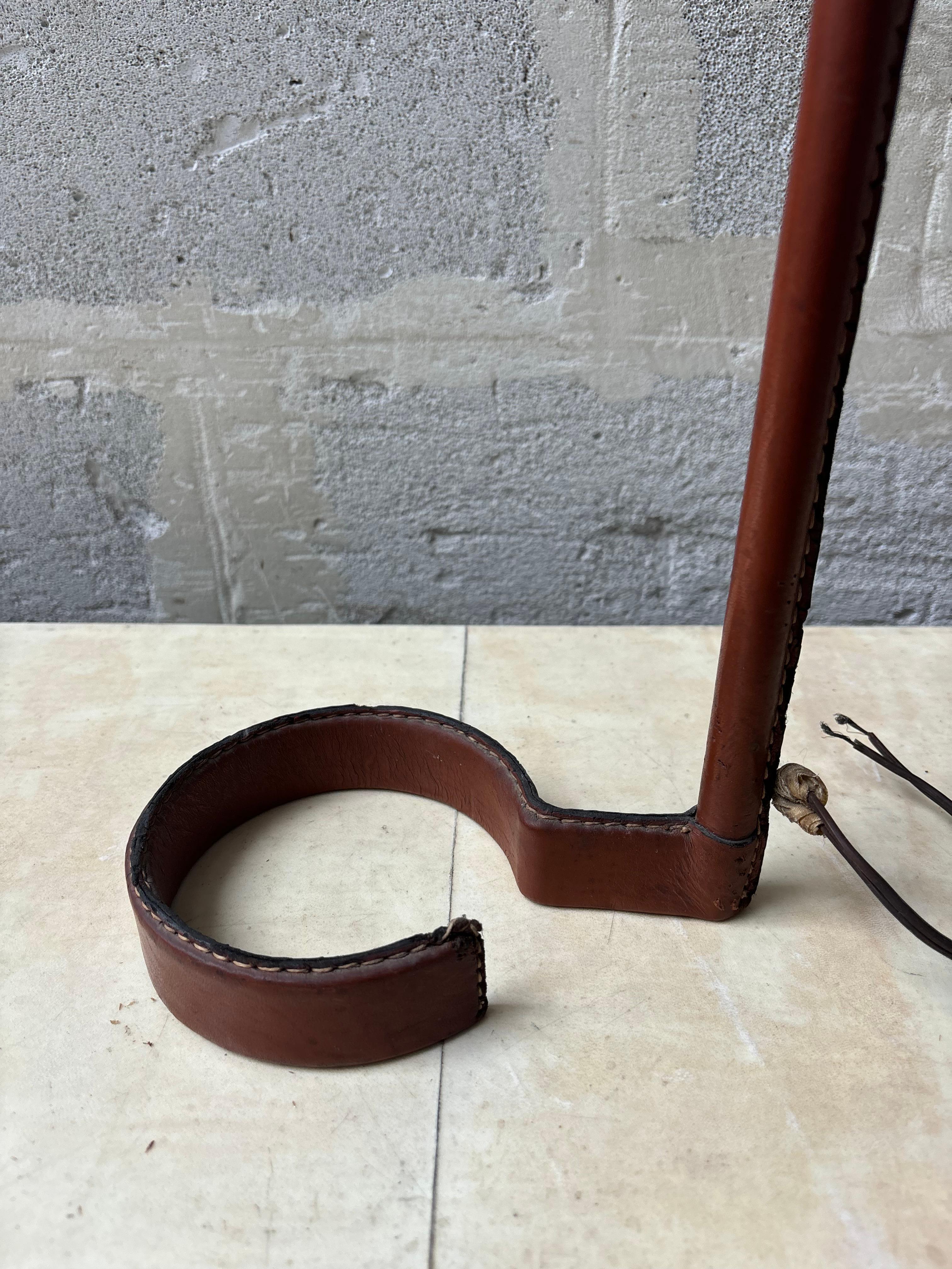 Jacques Adnet lamp in brown leather For Sale 8