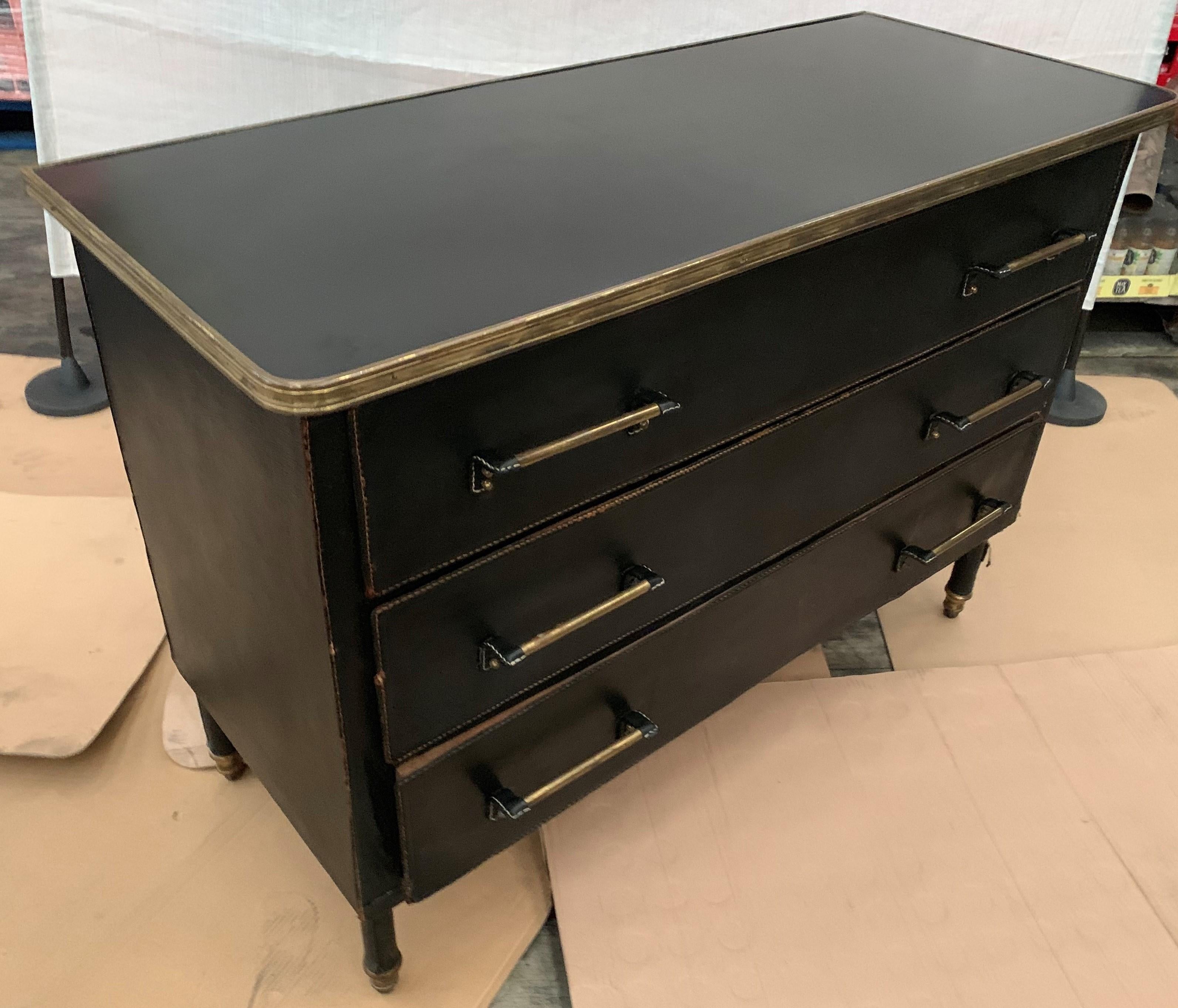 Mid-Century Modern Jacques Adnet Large Black Stitched Leather and Brass Commode, French, 1950s For Sale