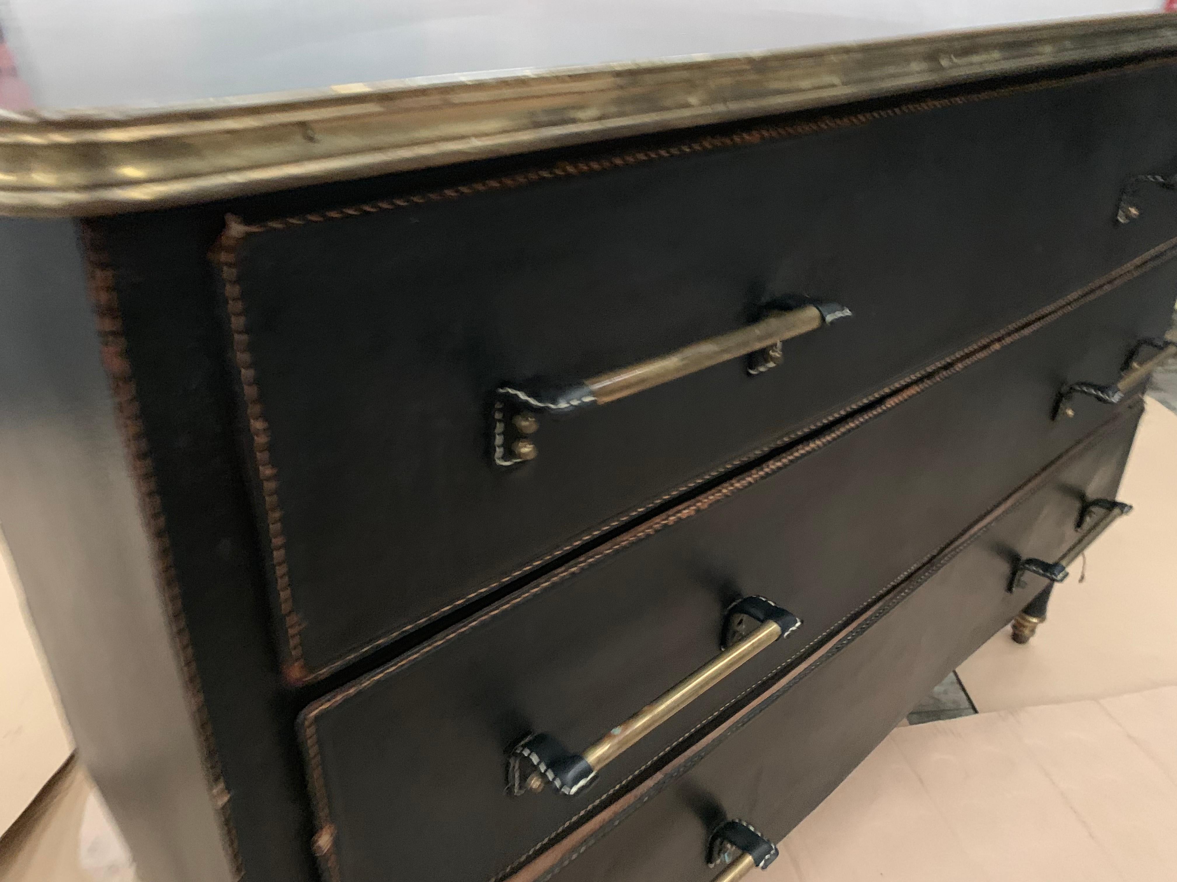 Jacques Adnet Large Black Stitched Leather and Brass Commode, French, 1950s In Good Condition For Sale In Aix En Provence, FR