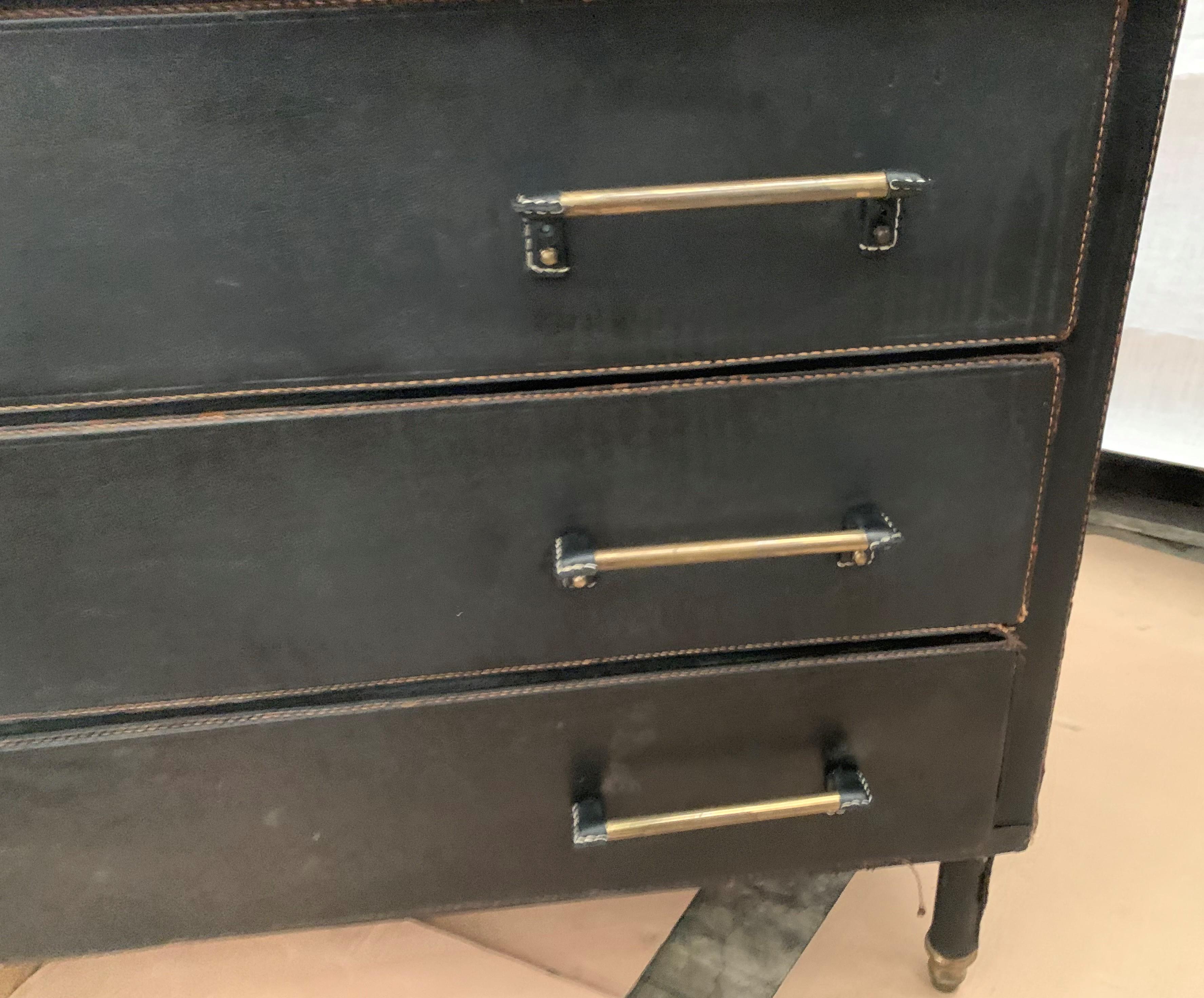 Mid-20th Century Jacques Adnet Large Black Stitched Leather and Brass Commode, French, 1950s For Sale