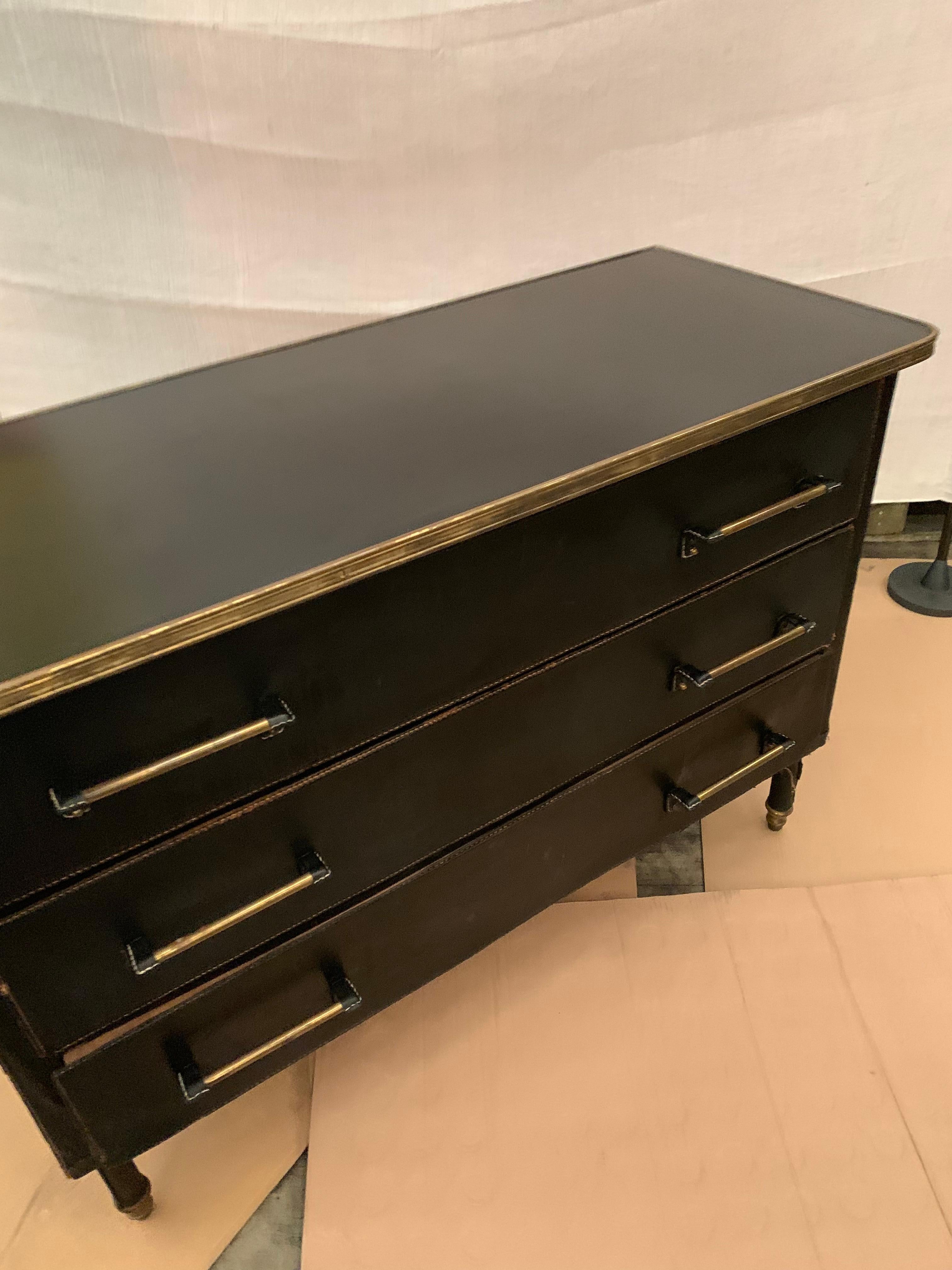 Jacques Adnet Large Black Stitched Leather and Brass Commode, French, 1950s For Sale 2