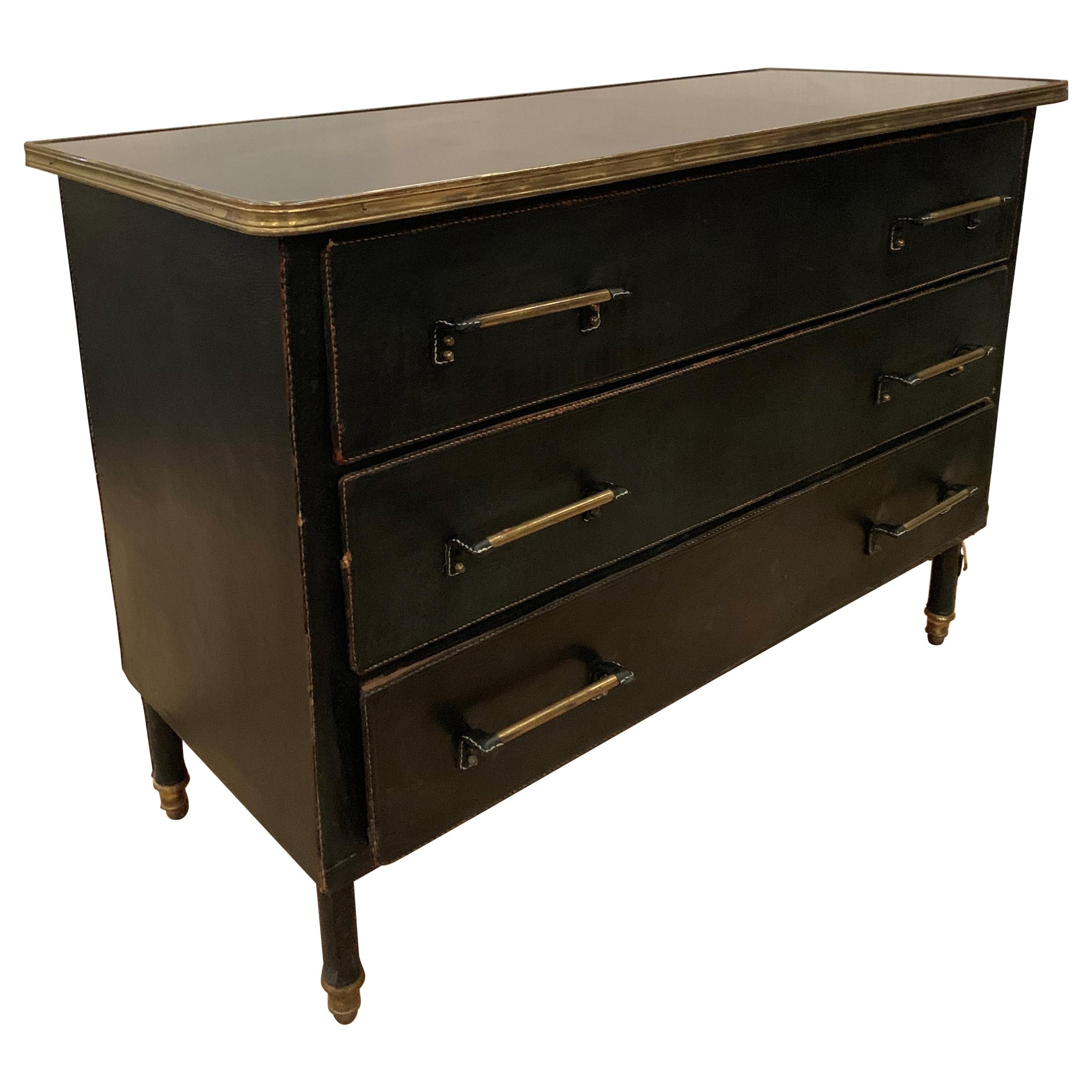 Jacques Adnet Large Black Stitched Leather and Brass Commode, French, 1950s For Sale