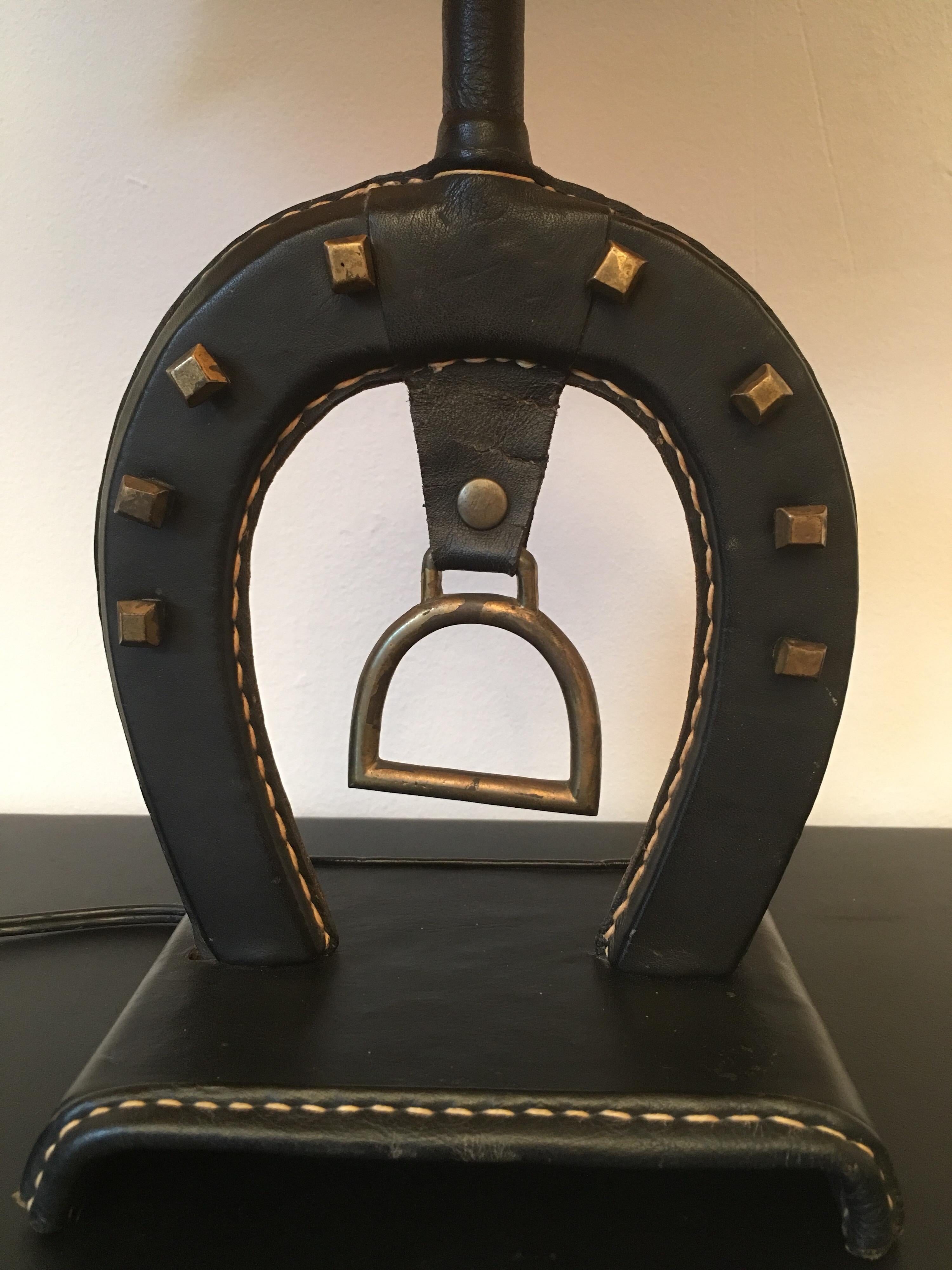 Jacques Adnet Large Equestrian Black Stitched Leather Table Lamp, French 1950s For Sale 4