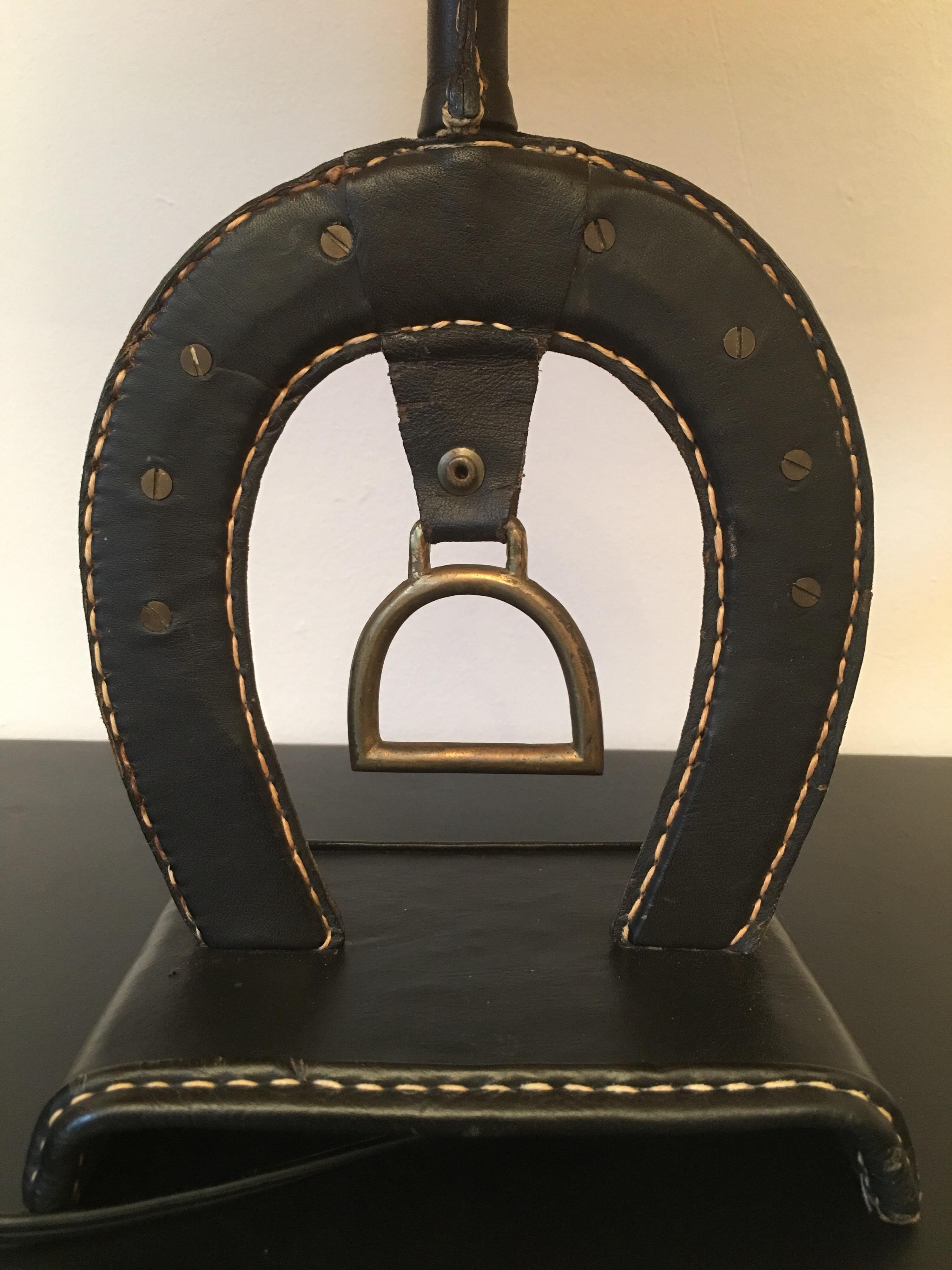 Jacques Adnet Large Equestrian Black Stitched Leather Table Lamp, French 1950s For Sale 8
