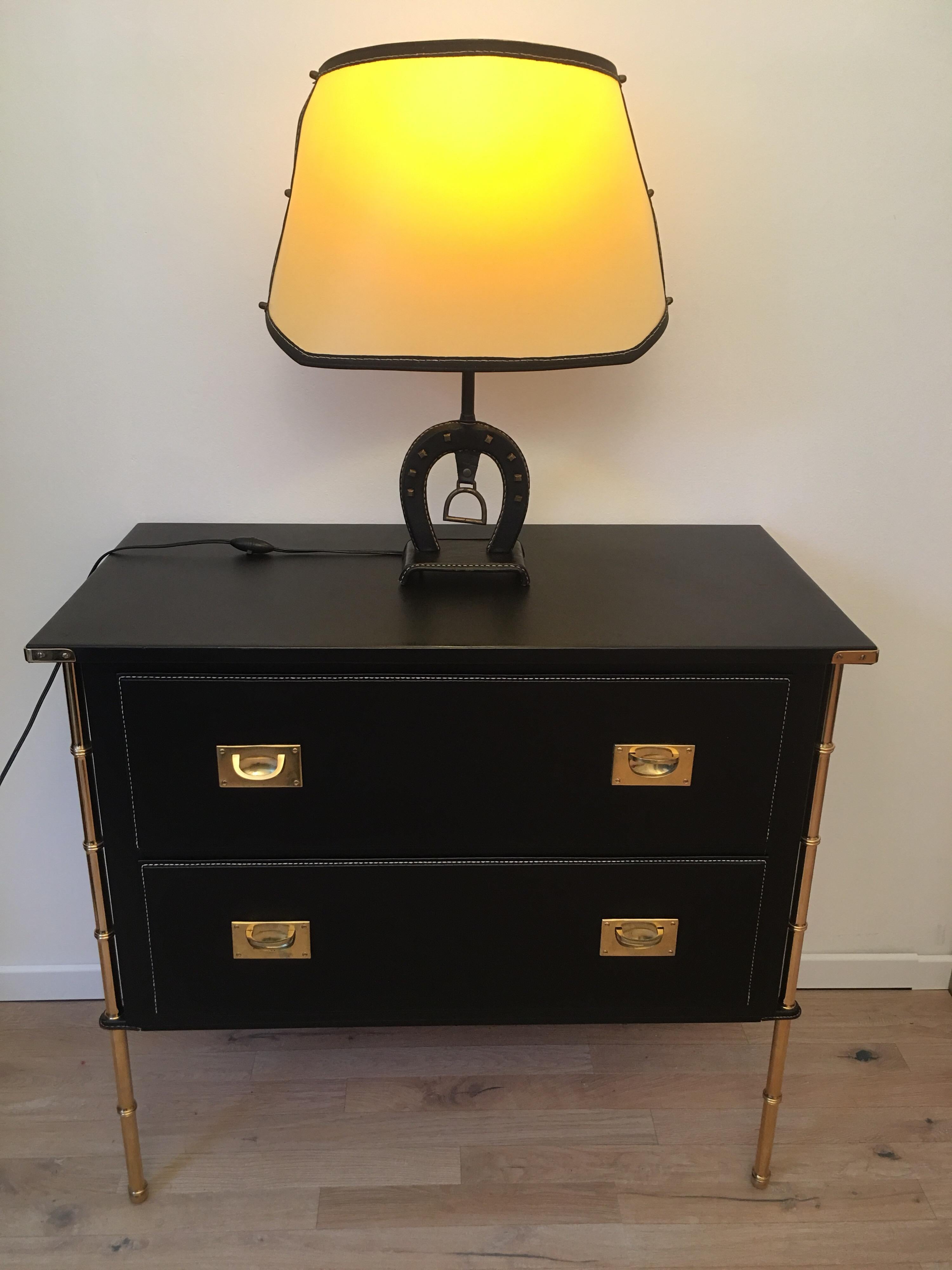 Jacques Adnet Large Equestrian Black Stitched Leather Table Lamp, French 1950s For Sale 9