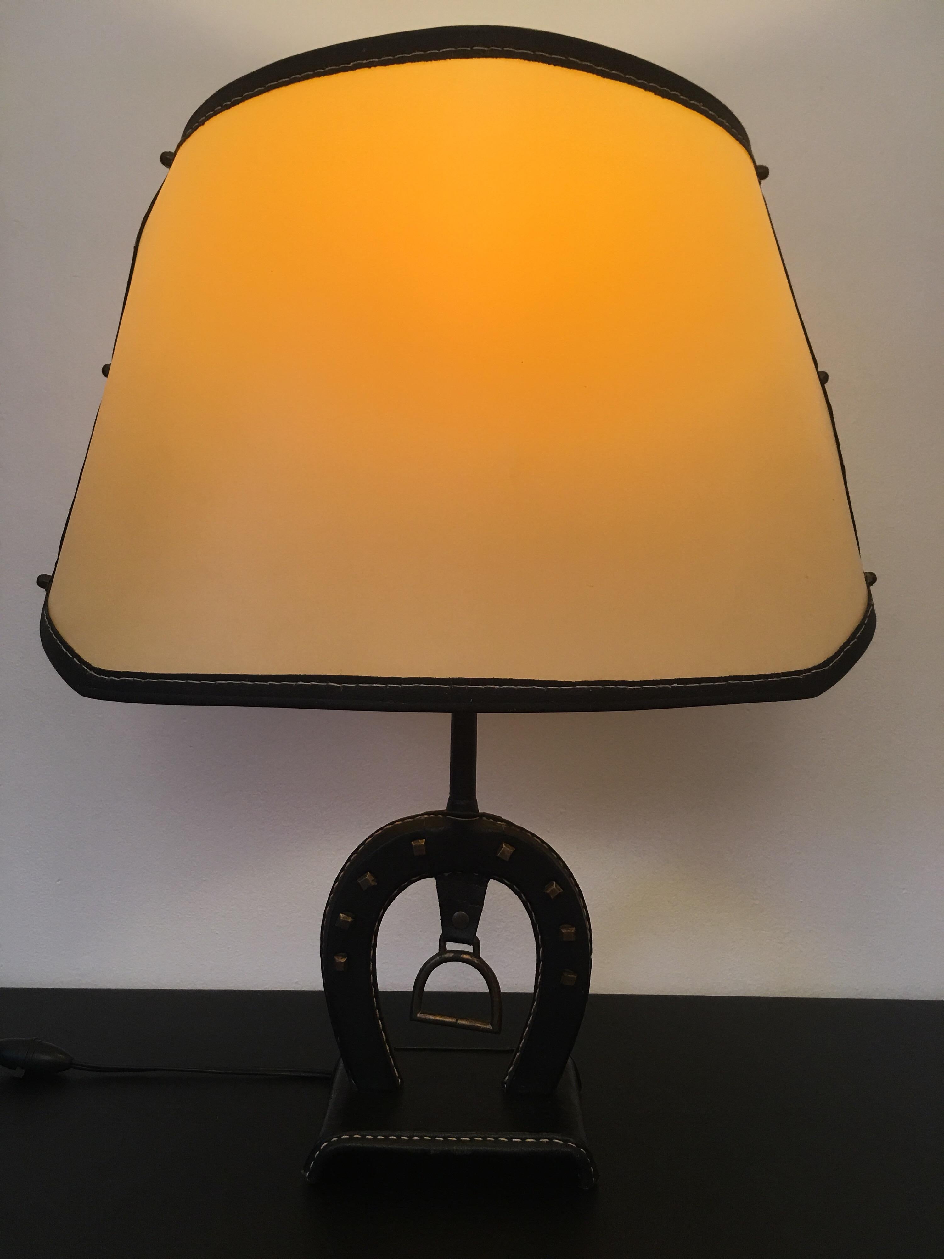 Jacques Adnet Large Equestrian Black Stitched Leather Table Lamp, French 1950s For Sale 10